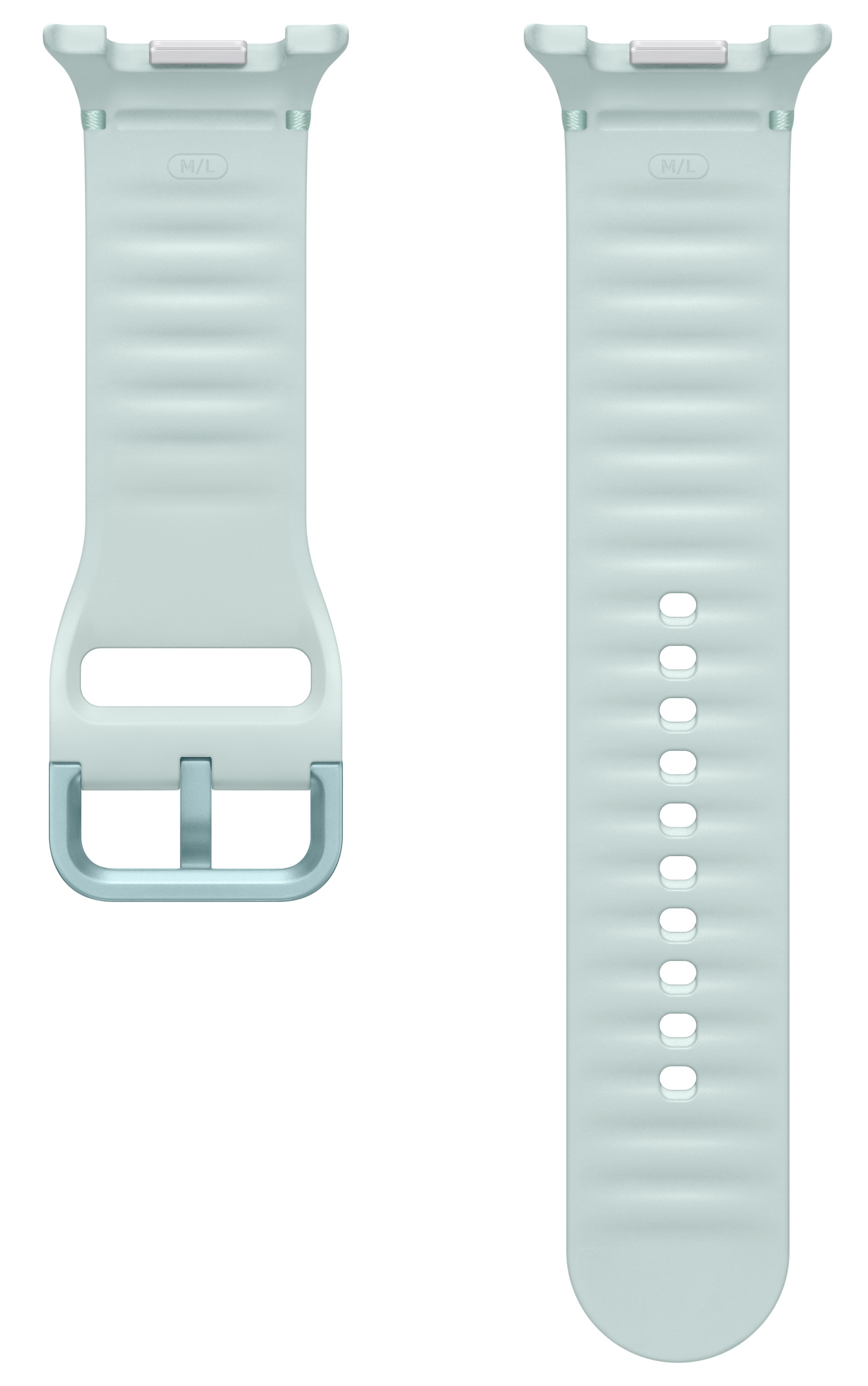 Dwa jasnoniebieskie paski do zegarka. Jeden z klamrą, drugi z otworami do regulacji. Białe tło.