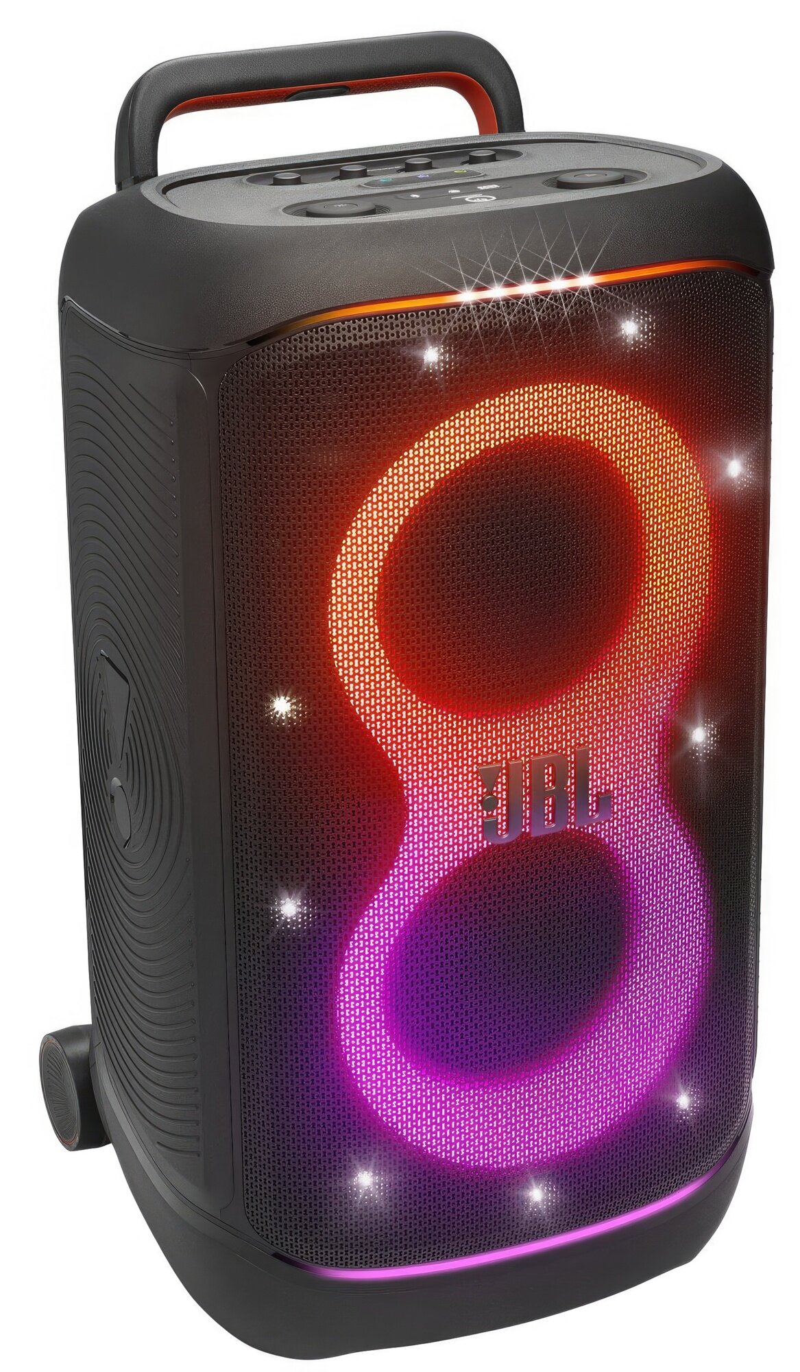Czarny głośnik JBL z świecącym wzorem ósemki w kolorze pomarańczowym i fioletowym. Posiada uchwyt i panel sterowania.