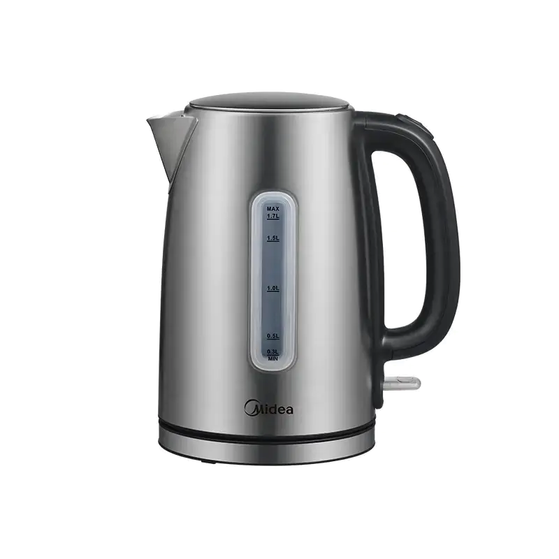 Czajnik elektryczny ze stali nierdzewnej z czarnym uchwytem i wskaźnikiem poziomu wody. Widoczna nazwa marki 'Midea'.