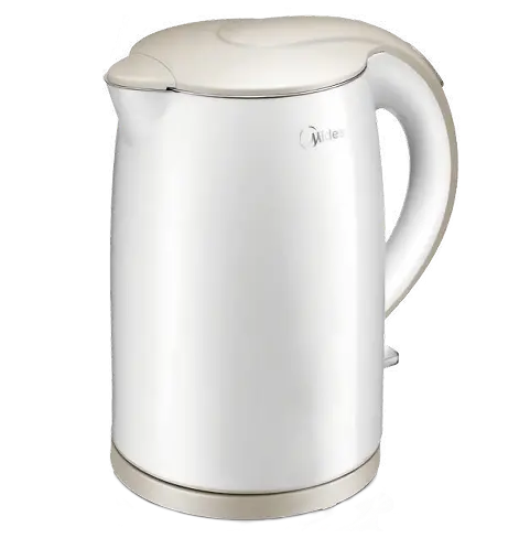 Biały czajnik elektryczny z beżowym uchwytem i pokrywką. Marka Midea jest nadrukowana z boku.