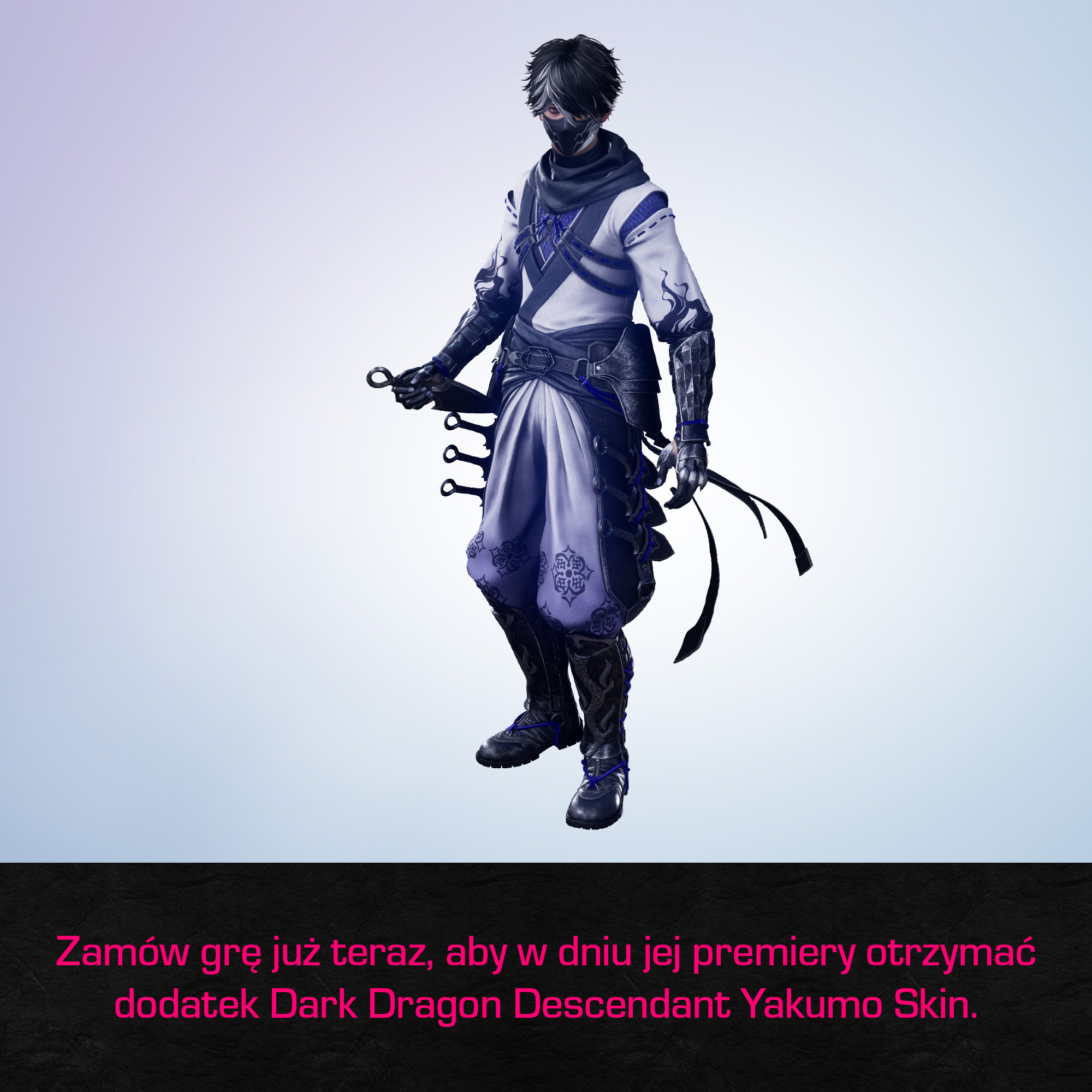 Postać ninja w białym i niebieskim stroju, trzymająca broń. Tło to gradient fioletu i bieli.