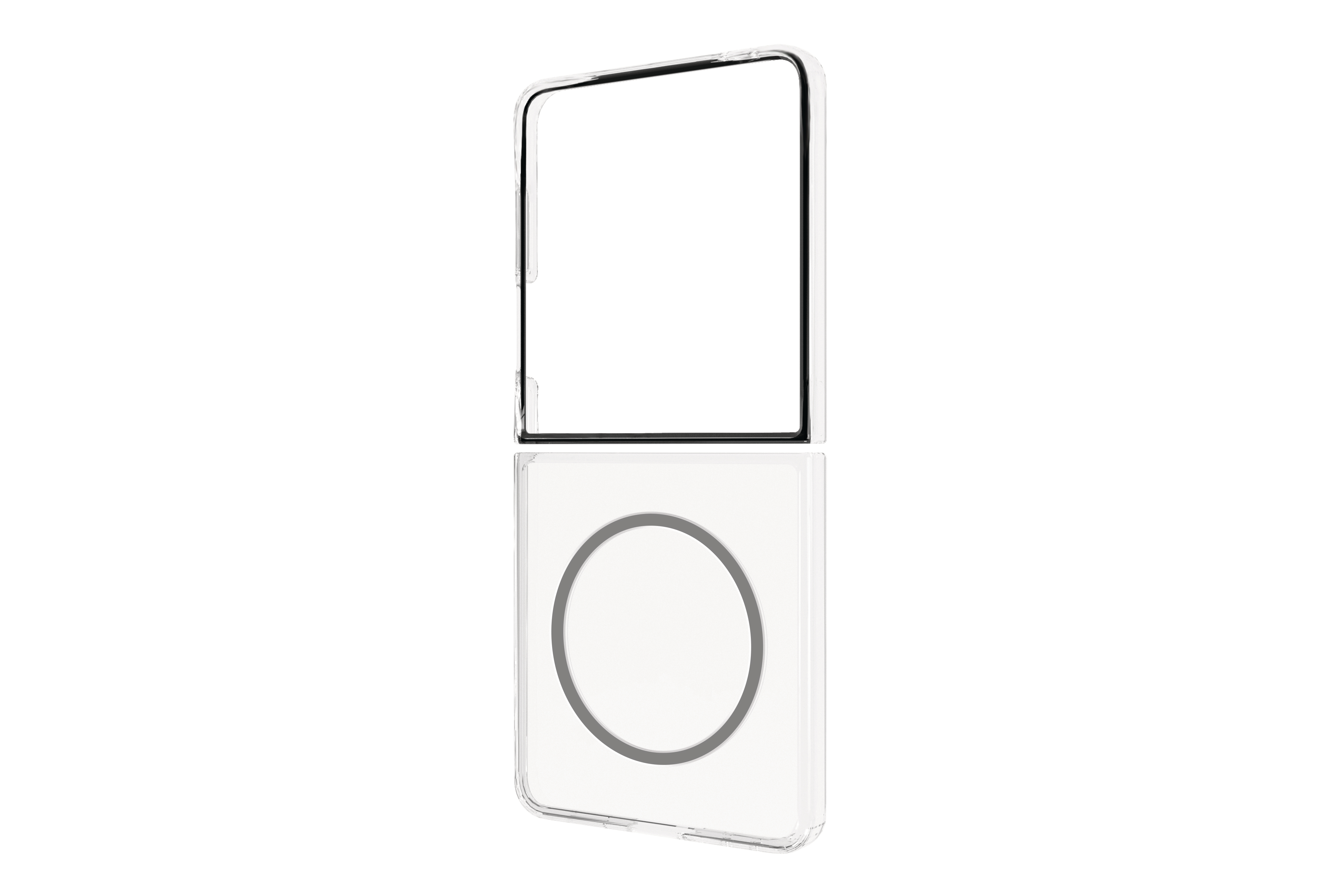 Eine transparente Schutzhülle für einen iPod. Die Hülle hat einen oberen und einen unteren Teil. Der Boden hat ein kreisförmiges Design.