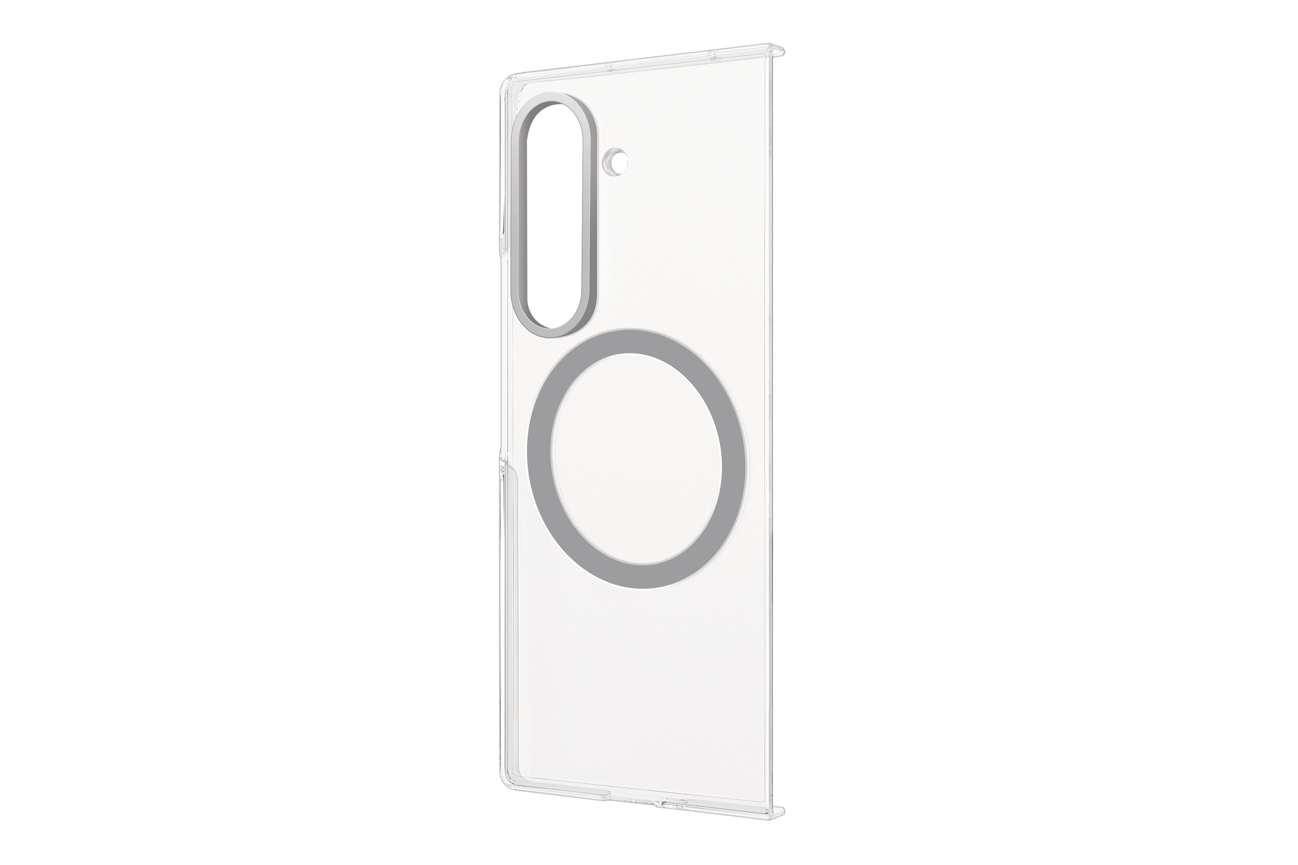 Eine transparente Handyhülle mit grauem Ring und Kameraausschnitt, vor weißem Hintergrund.