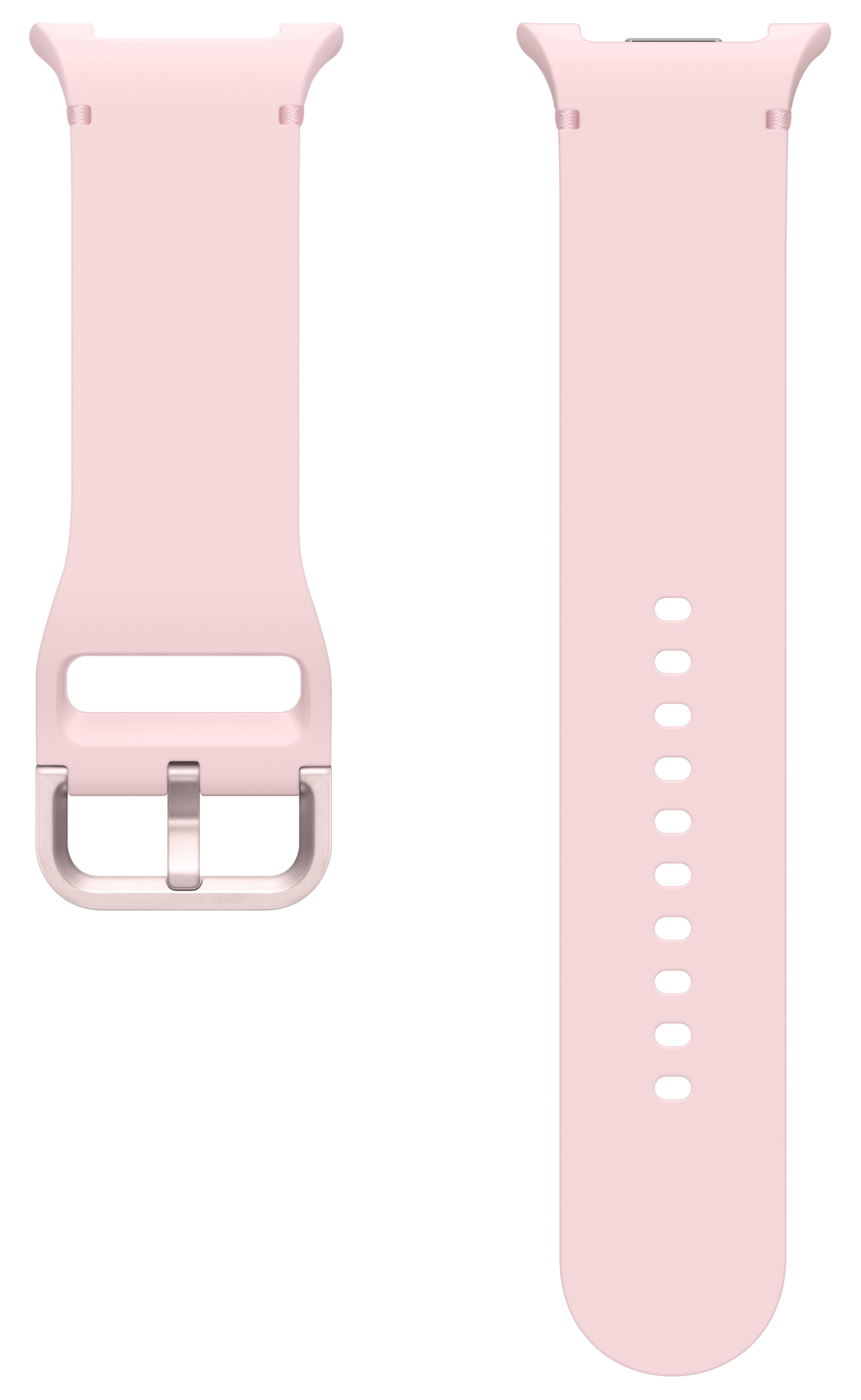 Dwa jasnoróżowe paski do zegarka na białym tle. Jeden ma dziury, drugi klamrę.