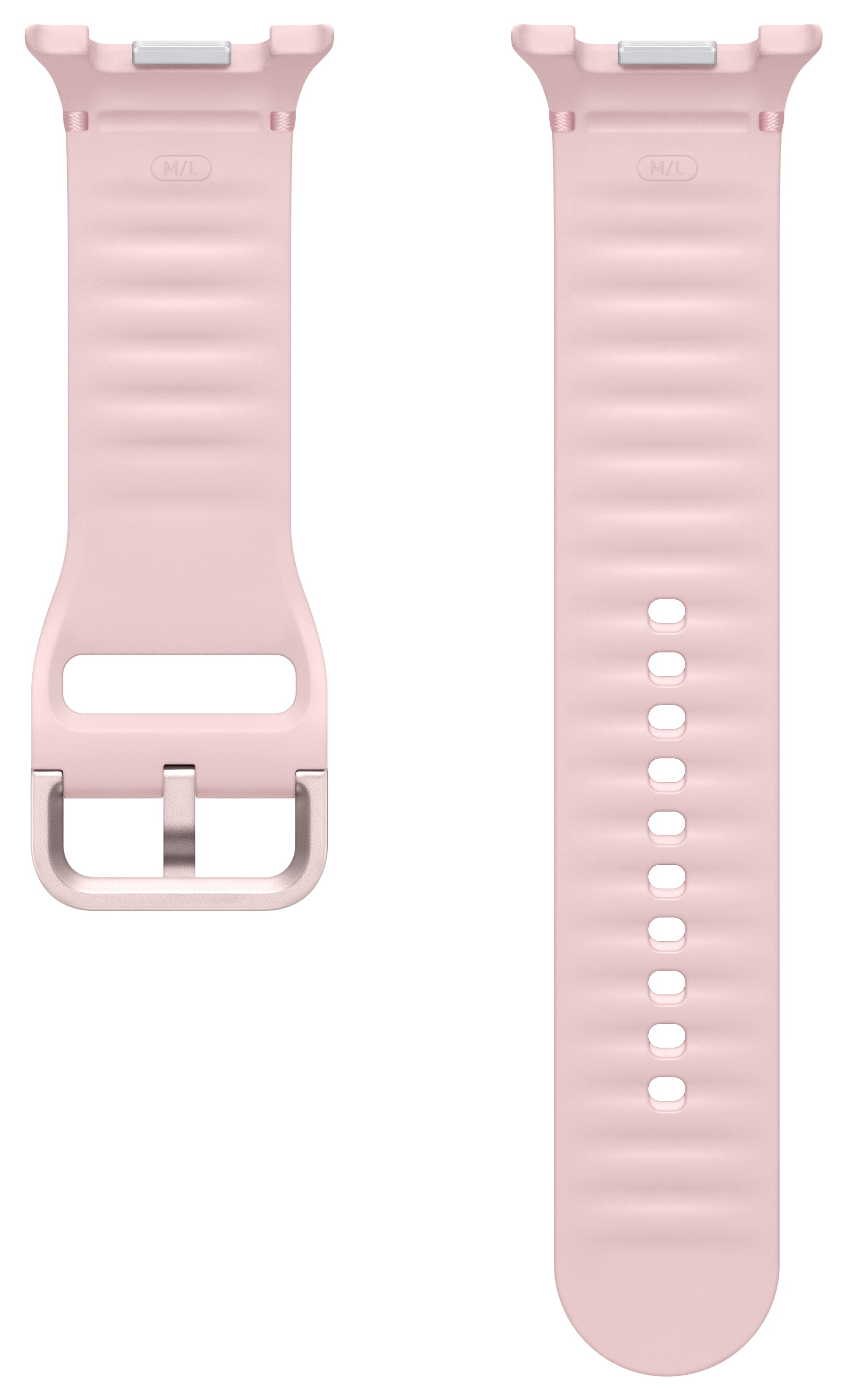 Dwa jasnoróżowe paski do zegarka z żebrowaną fakturą. Jeden ma klamrę, drugi otwory do regulacji.