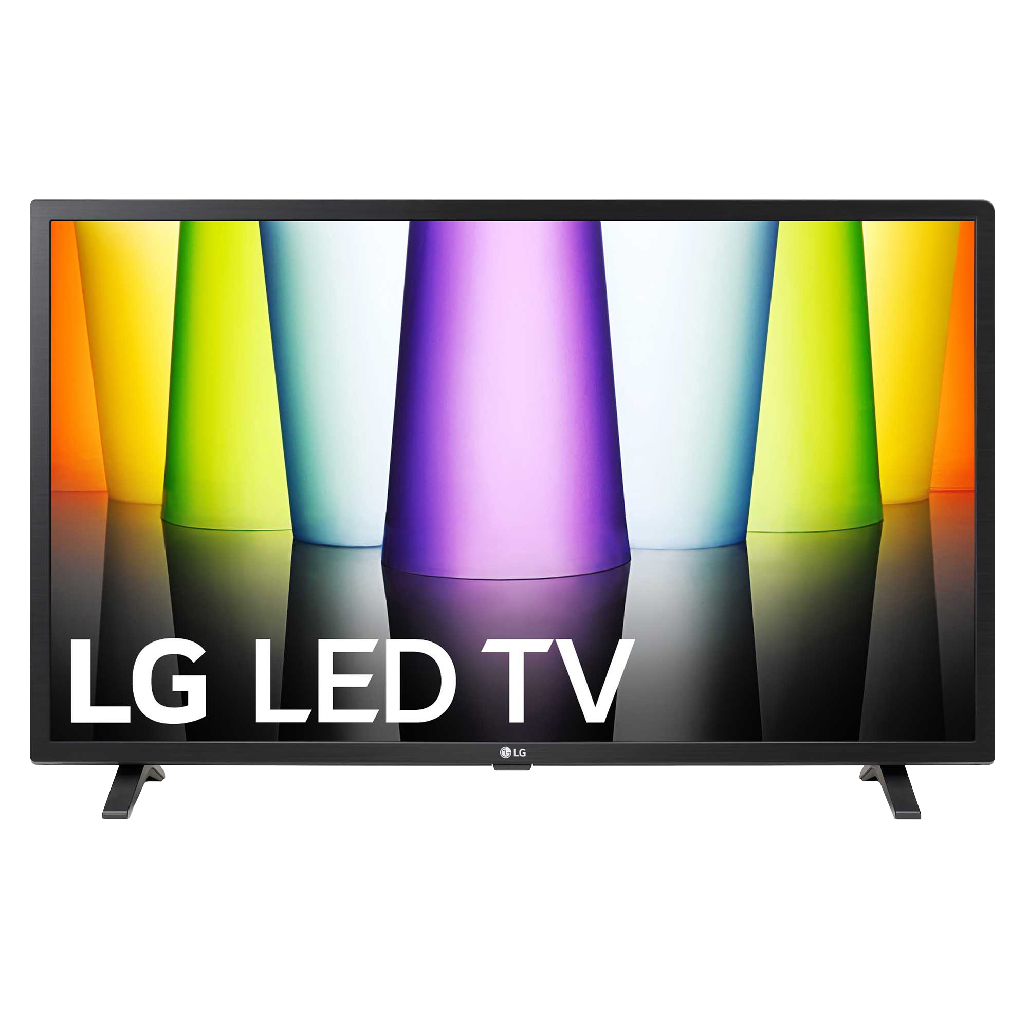 TV LED LG sobre fondo blanco. La pantalla muestra pilares de luz coloridos reflejados en una superficie negra. El texto blanco dice "LG LED TV".