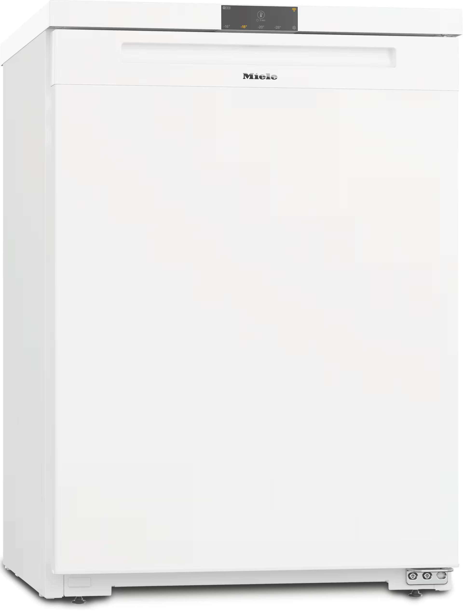 Ein weißer Miele-Gefrierschrank. Er hat ein digitales Display und einen Griff. Der Gefrierschrank steht auf einem schwarzen Sockel. Miele-Logo sichtbar.