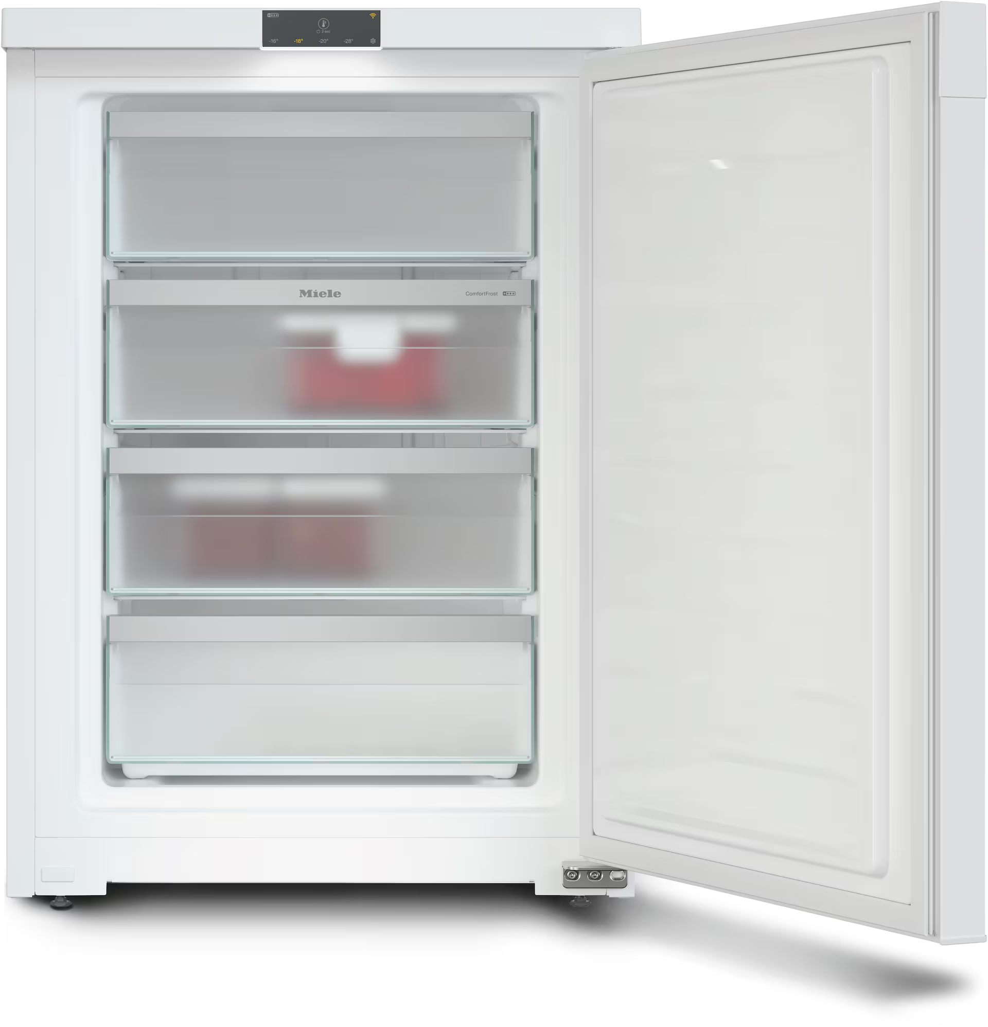 Ein weißer Gefrierschrank mit offener Tür, der Glasböden zeigt. Oben befindet sich ein Temperaturregler. Markenname: Miele.