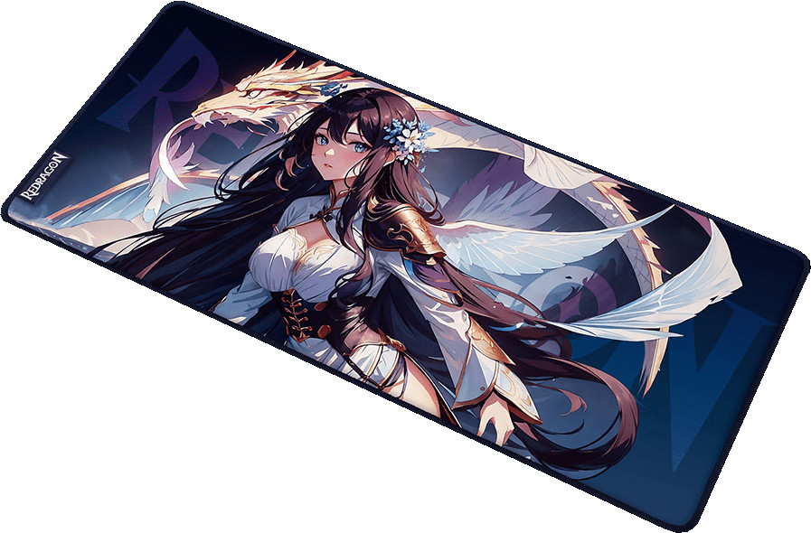 Podkładka pod mysz z postacią w stylu anime. Postać ma długie czarne włosy, niebieskie oczy i nosi białą sukienkę z gorsetem.