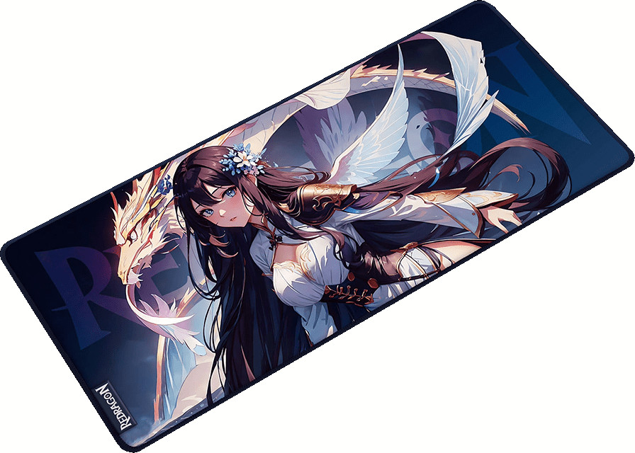 Podkładka pod mysz w stylu anime. Kobieta z długimi czarnymi włosami i smokiem. Smok jest złoty. Kobieta ma na sobie białą sukienkę.