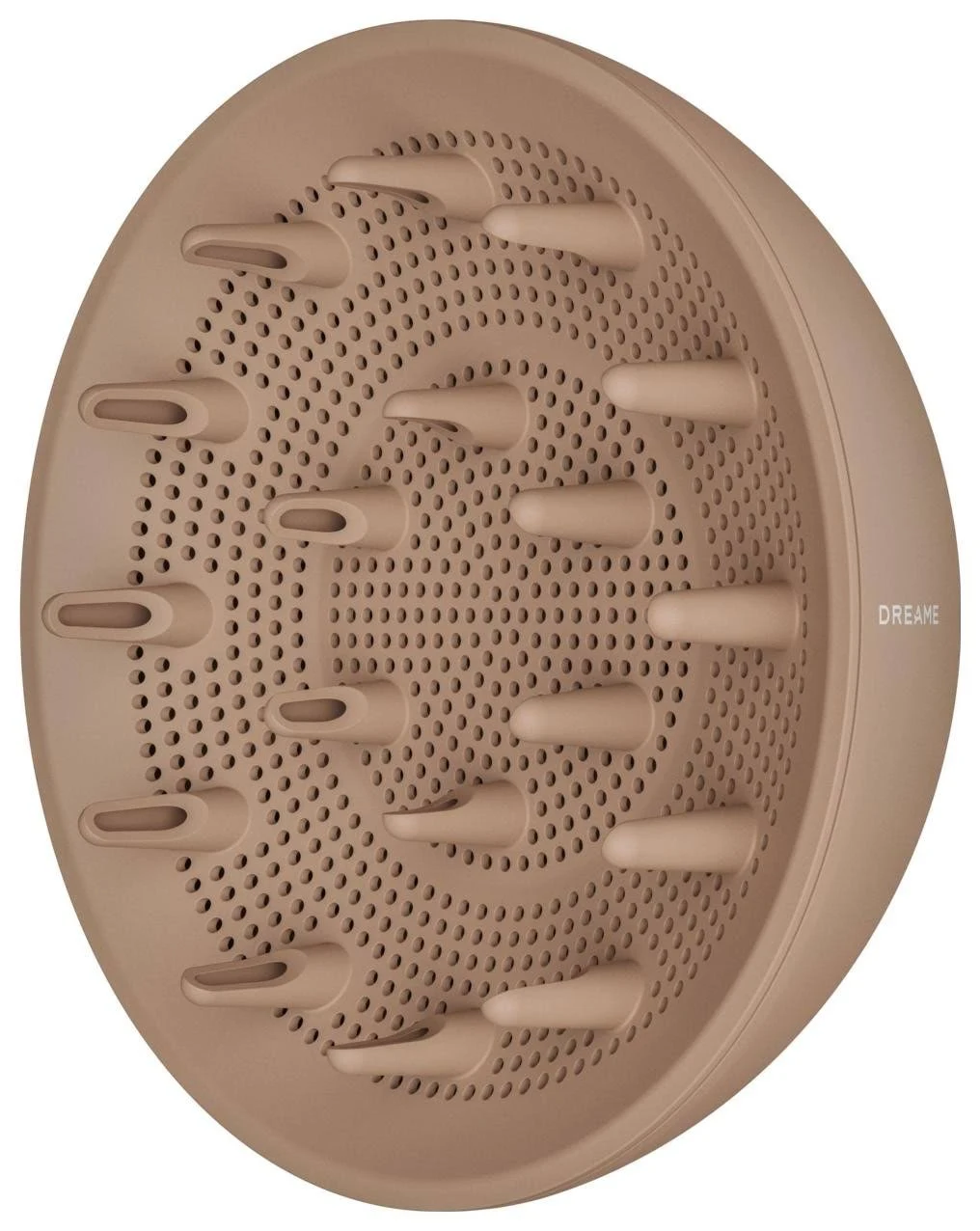 Un difusor de secador de pelo beige con muchos agujeros pequeños y protuberancias en forma de dedos. Se ve la marca "DREAME".