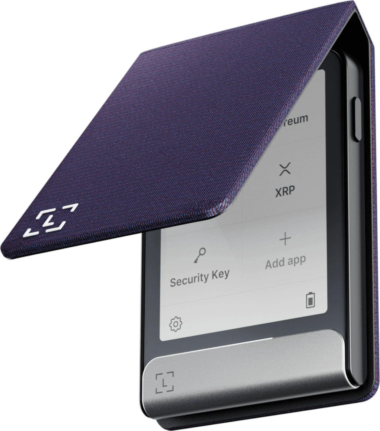Un dispositivo con cubierta morada y pantalla con opciones. El dispositivo tiene base plateada y símbolos blancos. La cubierta está parcialmente abierta.