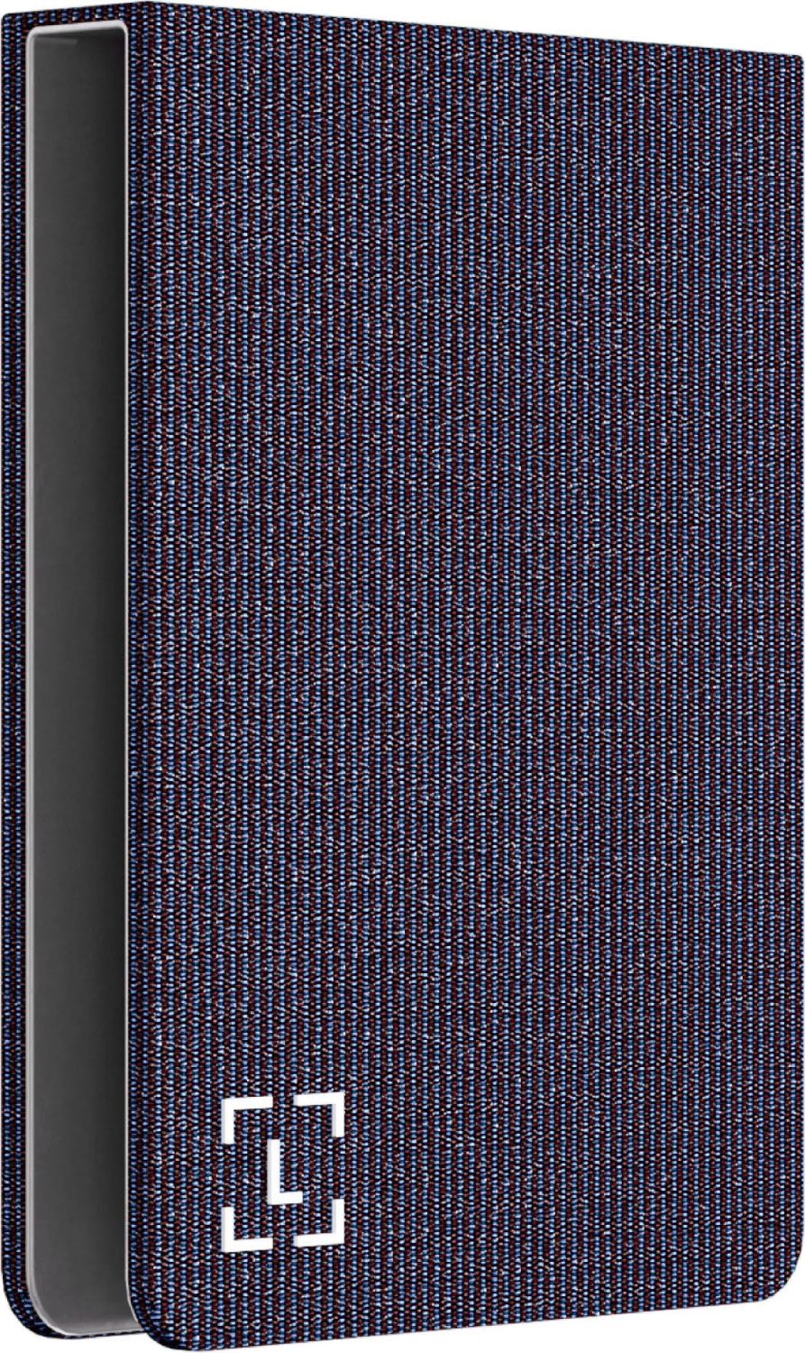 Una cubierta de libro azul oscuro con un patrón texturizado de rayas verticales. Un logotipo cuadrado blanco en la esquina inferior.