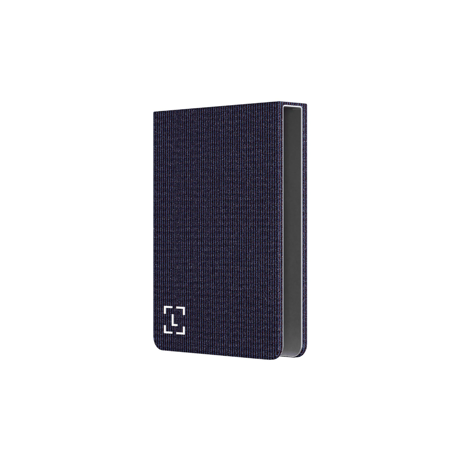 Una funda azul oscuro texturizada con borde plateado y logotipo blanco en el frente, sobre un fondo blanco.