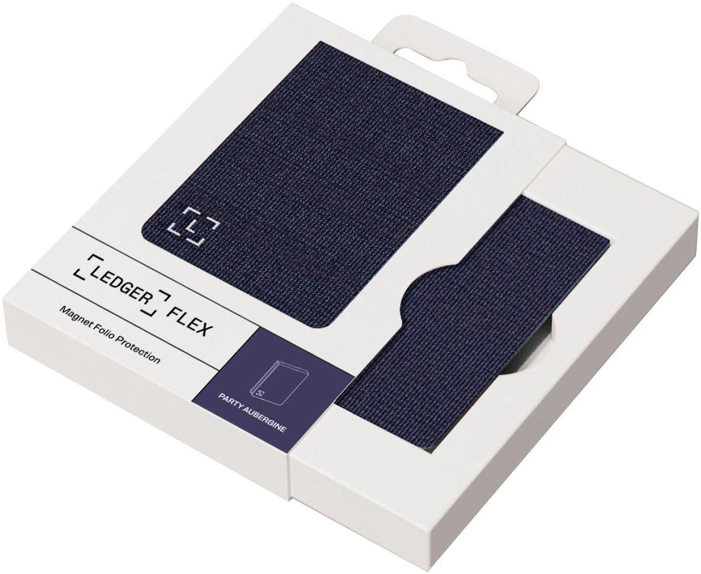 Un Ledger Flex en una caja blanca. Es azul marino y en la caja pone Ledger Flex. El color es Party Aubergine.