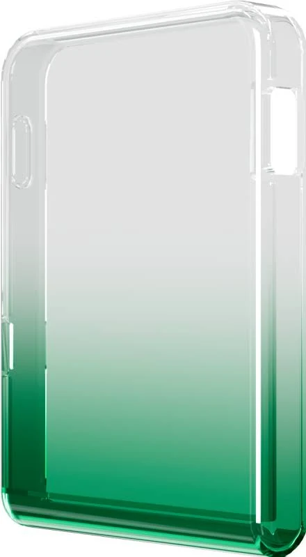 Funda transparente para teléfono con degradado verde. La funda es rectangular, con bordes redondeados y diseño transparente.