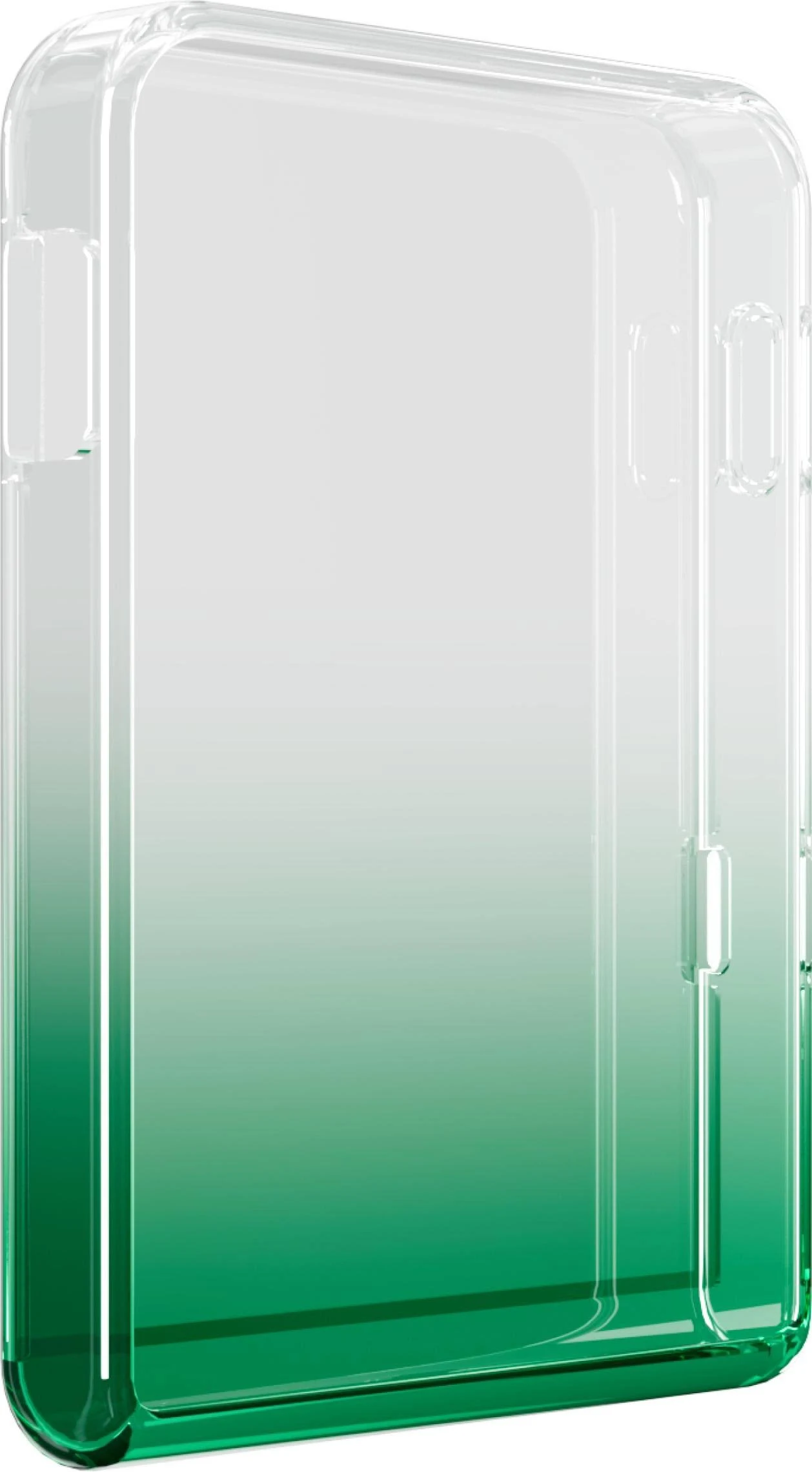 Una funda transparente para teléfono con degradado verde. La funda muestra una transición de color de blanco a verde.