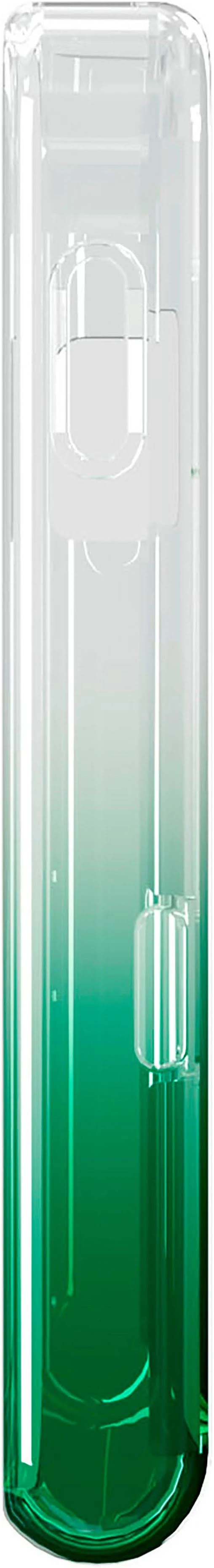 Una funda rectangular transparente con un degradado verde. Tiene detalles blancos y una base curvada.