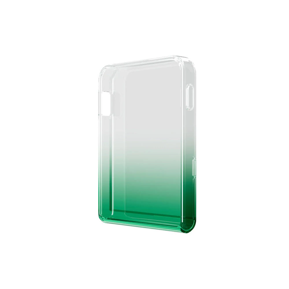 Funda transparente para teléfono con degradado verde a blanco. Es rectangular con esquinas redondeadas y aberturas para botones.