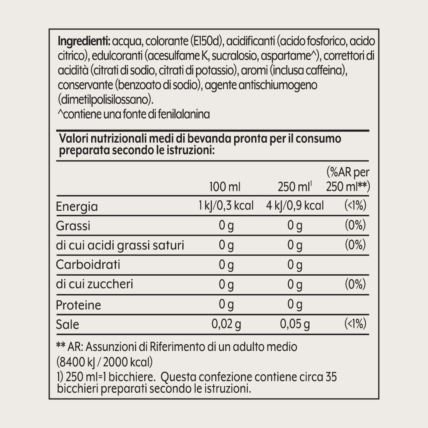 Etichetta nutrizionale. Elenca ingredienti come acqua, dolcificanti e caffeina. Mostra valori di energia, grassi, carboidrati, proteine e sale.