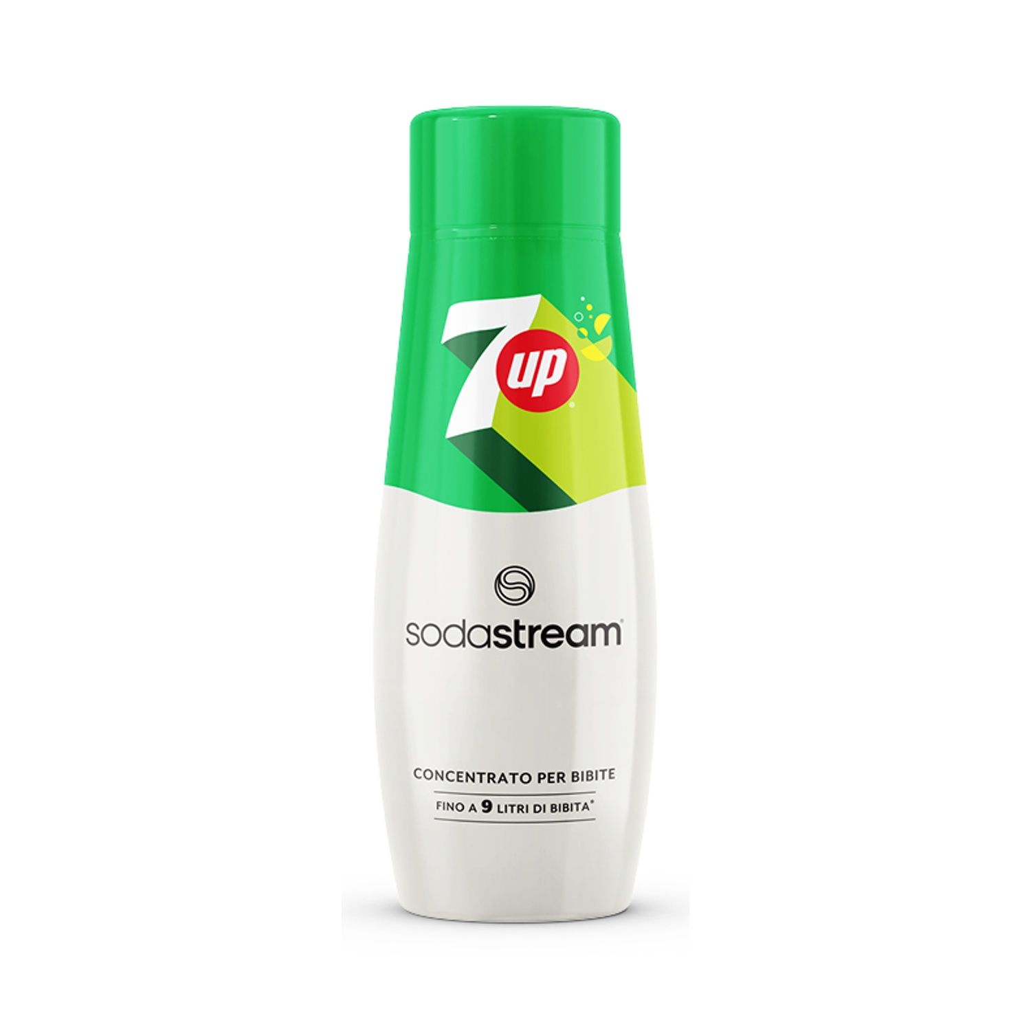 Una bottiglia di 7-Up SodaStream. È bianca in basso, verde in alto e presenta il logo 7-Up con il logo SodaStream.