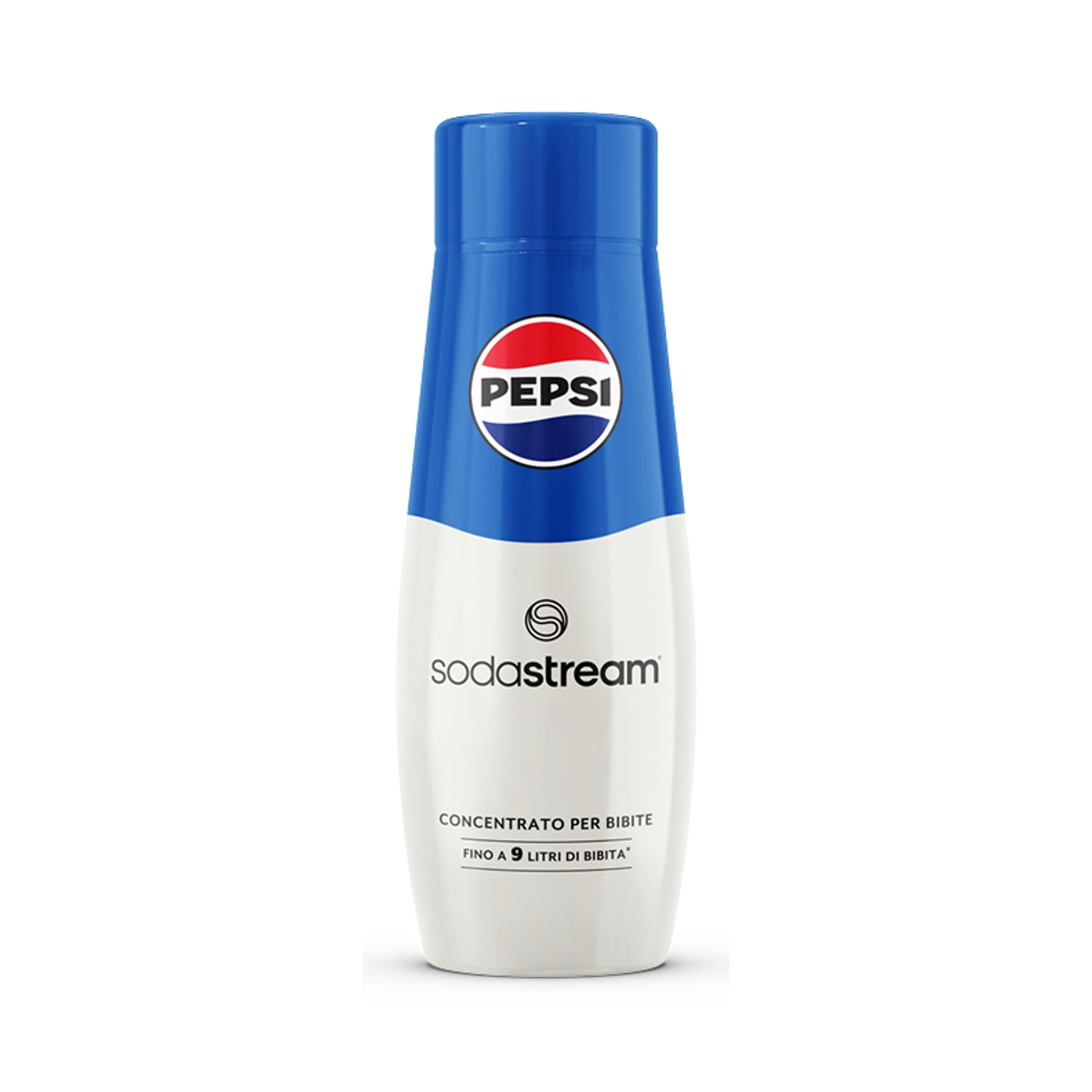 Una bottiglia di Pepsi Soda Stream. È blu e bianca con il logo Pepsi. La bottiglia ha testo in italiano.