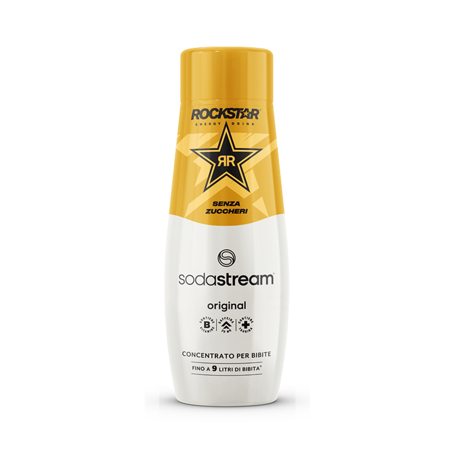 Una bottiglia di bevanda energetica Rockstar. È gialla e bianca con testo nero. Dice 'Rockstar', 'sodastream' e 'original'.