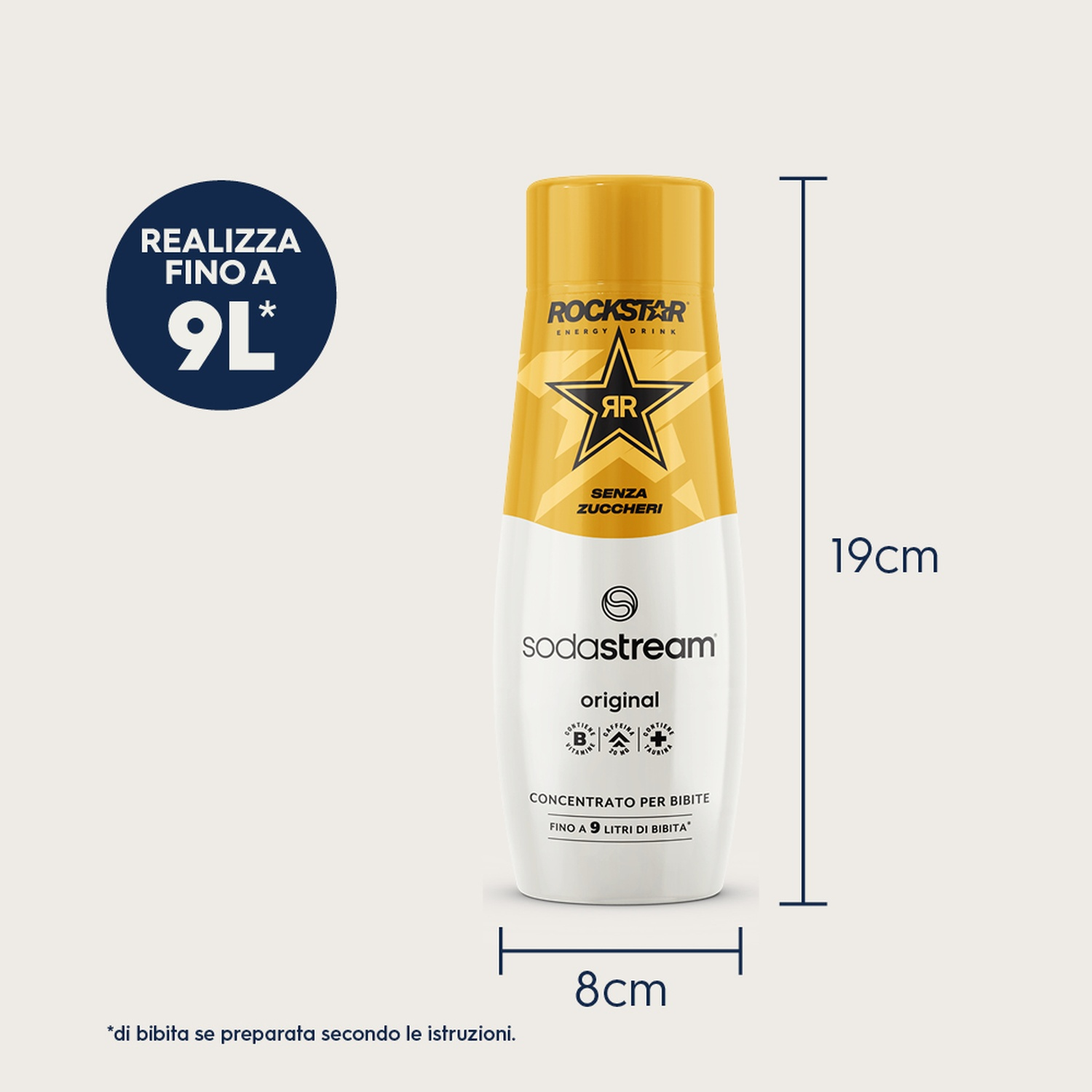 Una bottiglia di bevanda Rockstar e SodaStream. Bottiglia gialla e bianca con testo nero. Dimensioni di 19 cm x 8 cm. Dice 'REALIZZA FINO A 9L'.