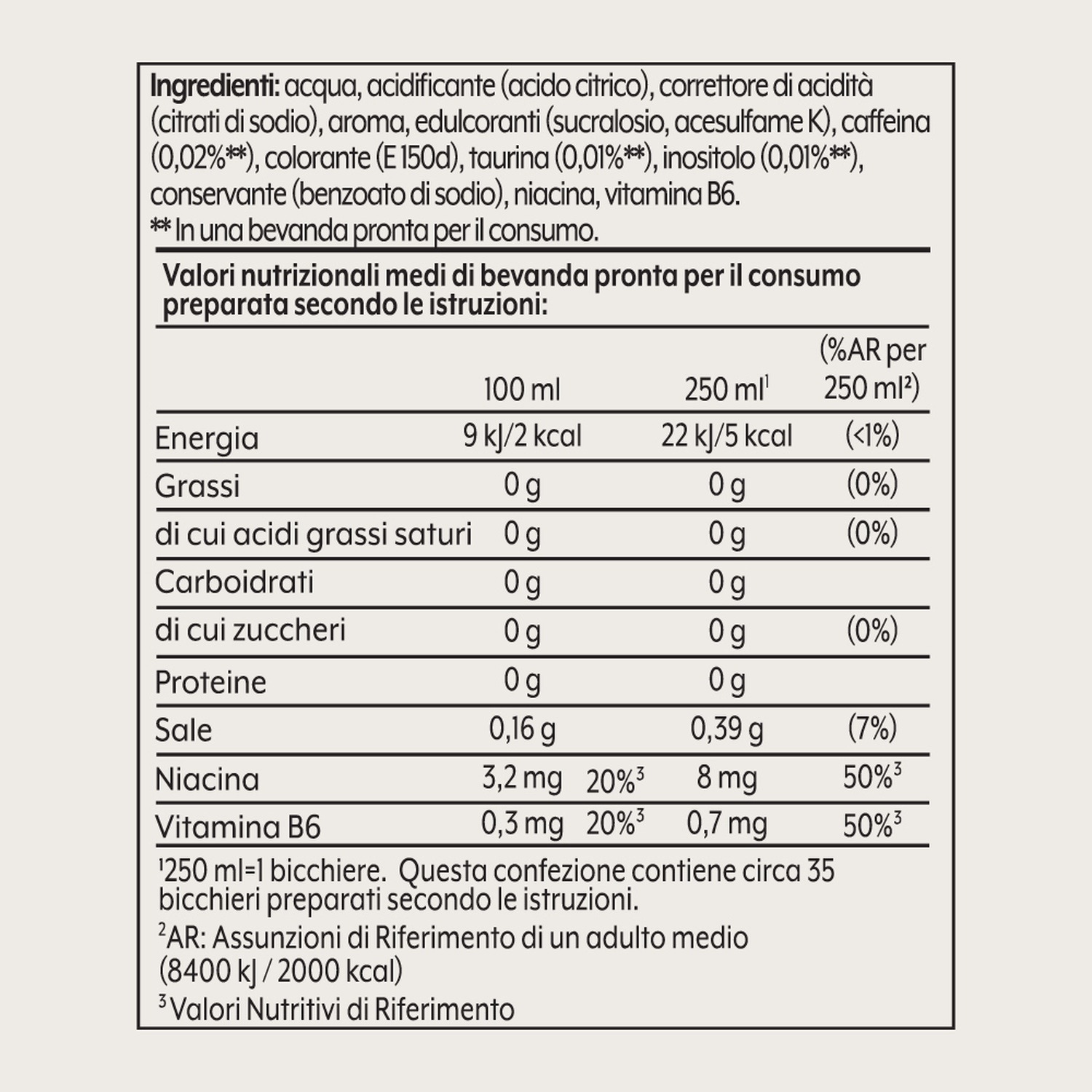 Etichetta nutrizionale con ingredienti e valori per porzione, inclusi energia, grassi, carboidrati, proteine e vitamine.