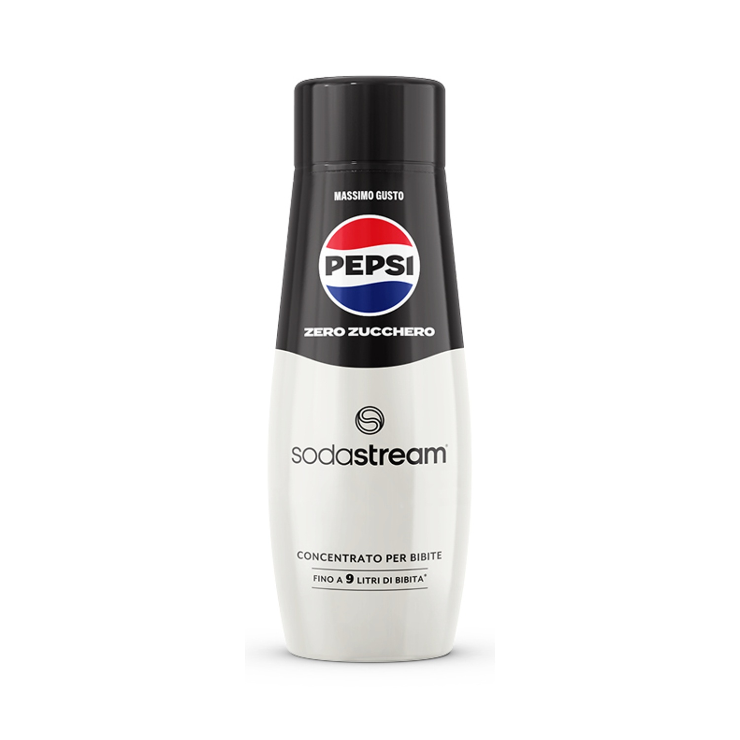 Una bottiglia di sciroppo per soda Pepsi Zero Sugar. Ha un tappo nero e il logo Pepsi. La bottiglia è bianca con dettagli neri.