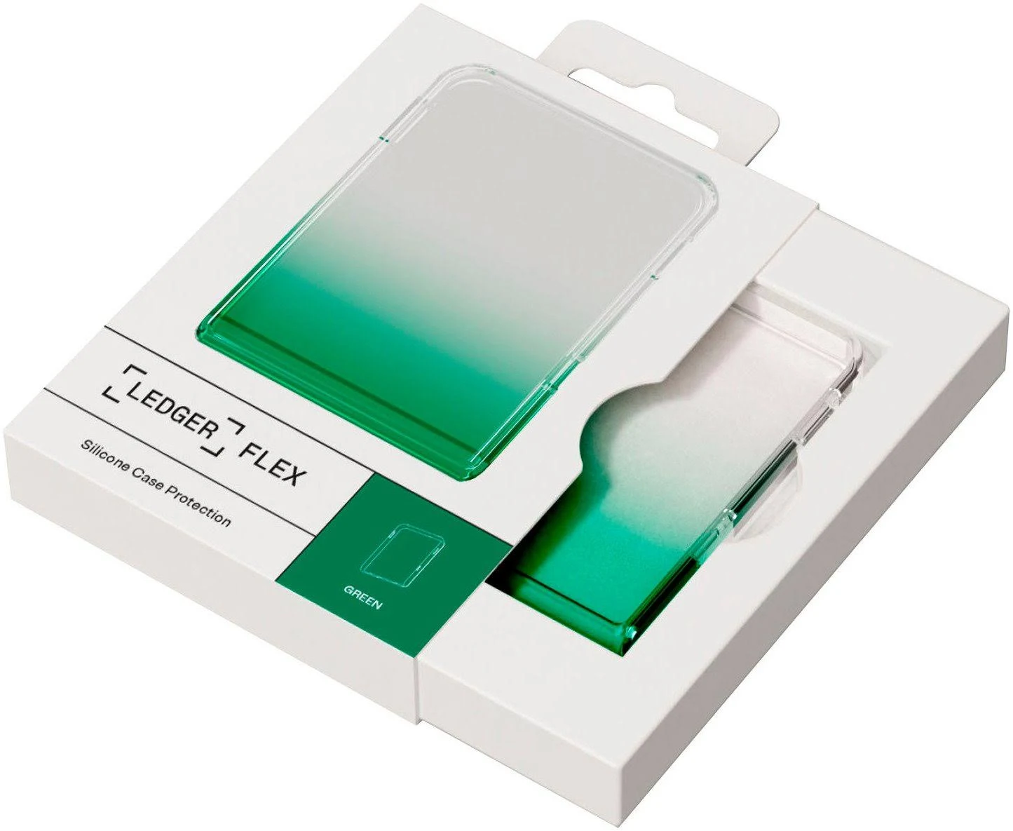 Una caja blanca con una funda Ledger Flex. La funda es transparente con un degradado verde. La caja dice Protección de funda de silicona.