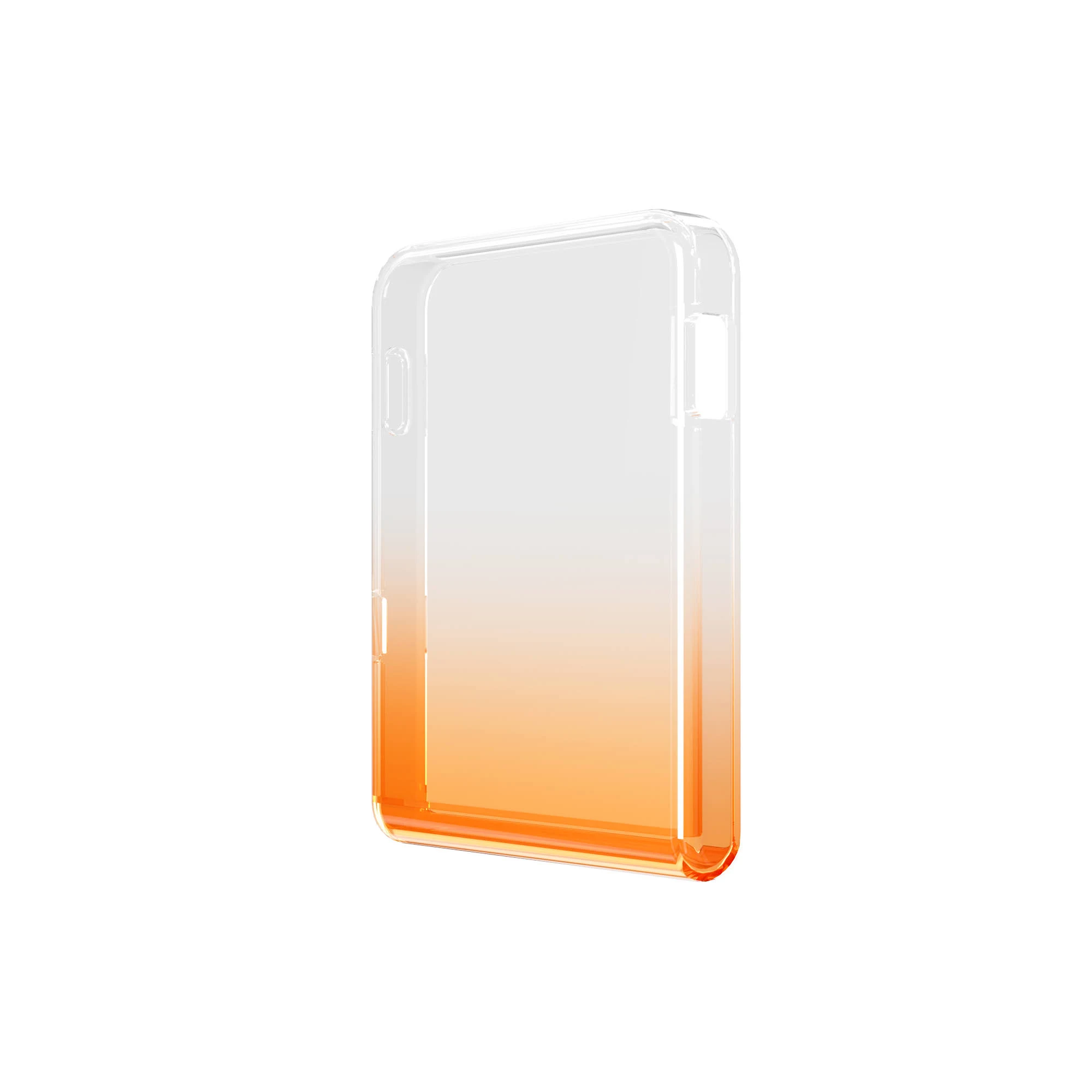 Funda transparente para teléfono con degradado naranja sobre fondo blanco. La funda es rectangular.