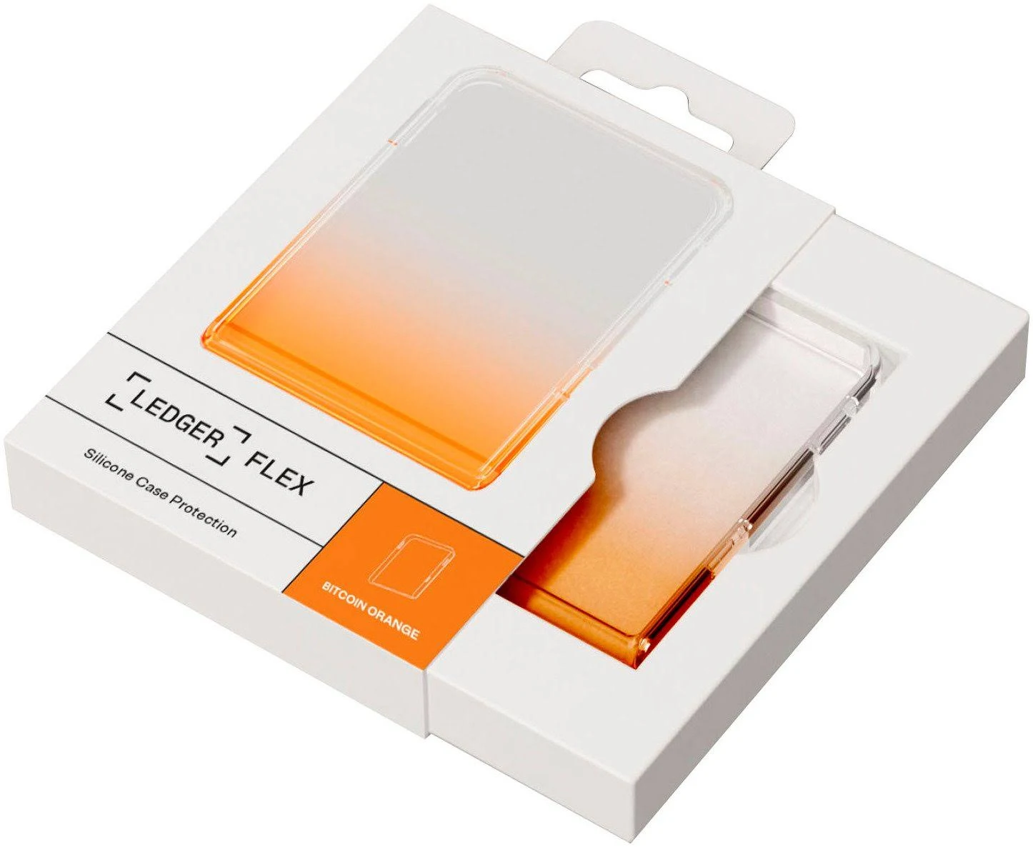 Una caja blanca con una funda Ledger Flex. La funda es transparente con un degradado naranja. La caja dice 'Protección de funda de silicona'.
