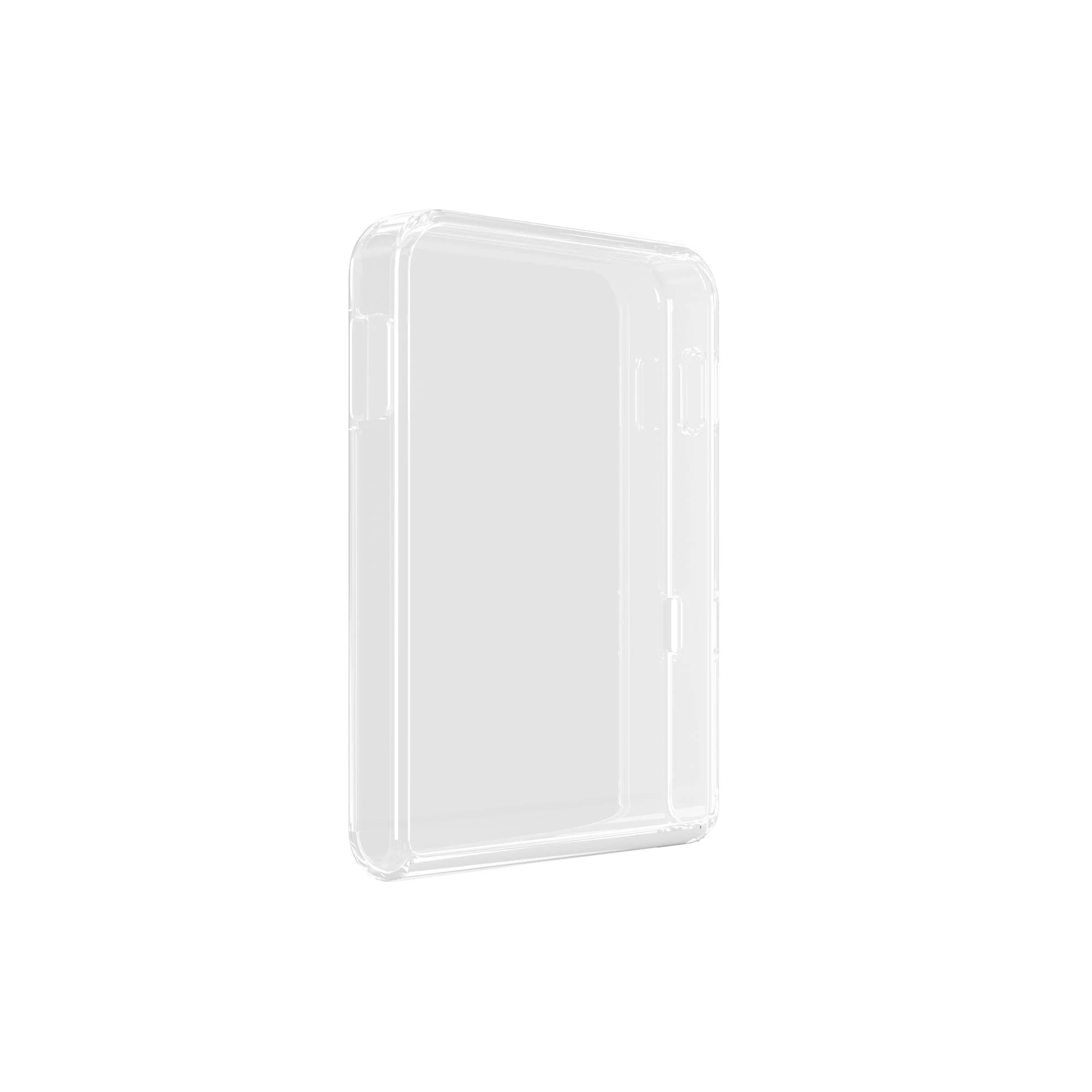 Una funda de teléfono clara y rectangular contra un fondo blanco. Tiene esquinas redondeadas y es transparente.