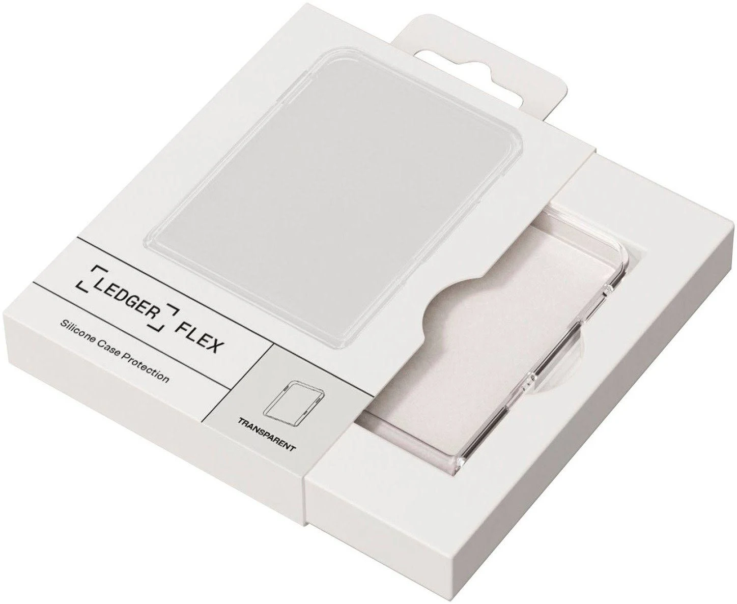 Una caja blanca con una funda transparente para teléfono dentro. La caja dice "LEDGER FLEX" y "Protección de funda de silicona".