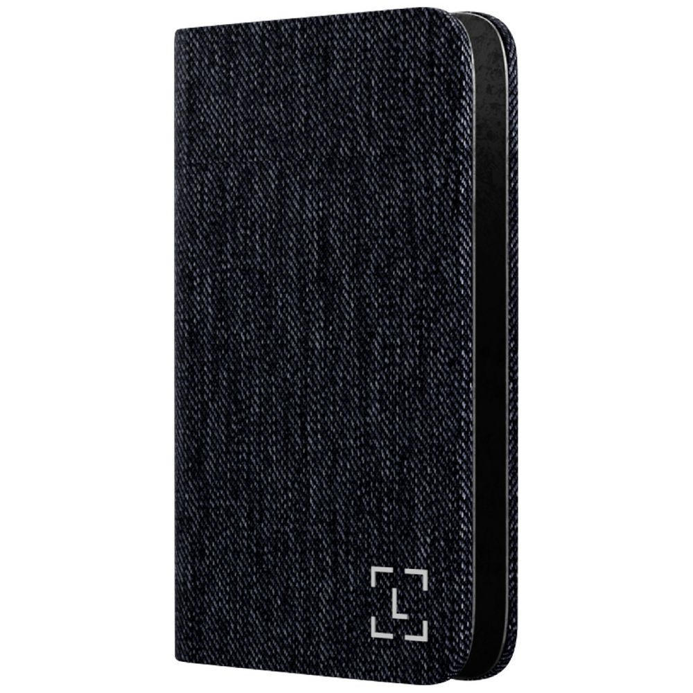 Funda de teléfono vaquera azul oscuro, rectangular con bordes redondeados. Un logotipo cuadrado plateado en la parte delantera.