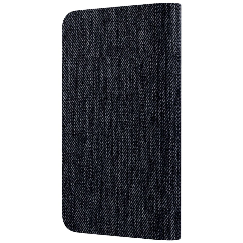 Una textura rectangular de mezclilla azul oscuro sobre un fondo blanco. Las esquinas superiores son redondeadas.