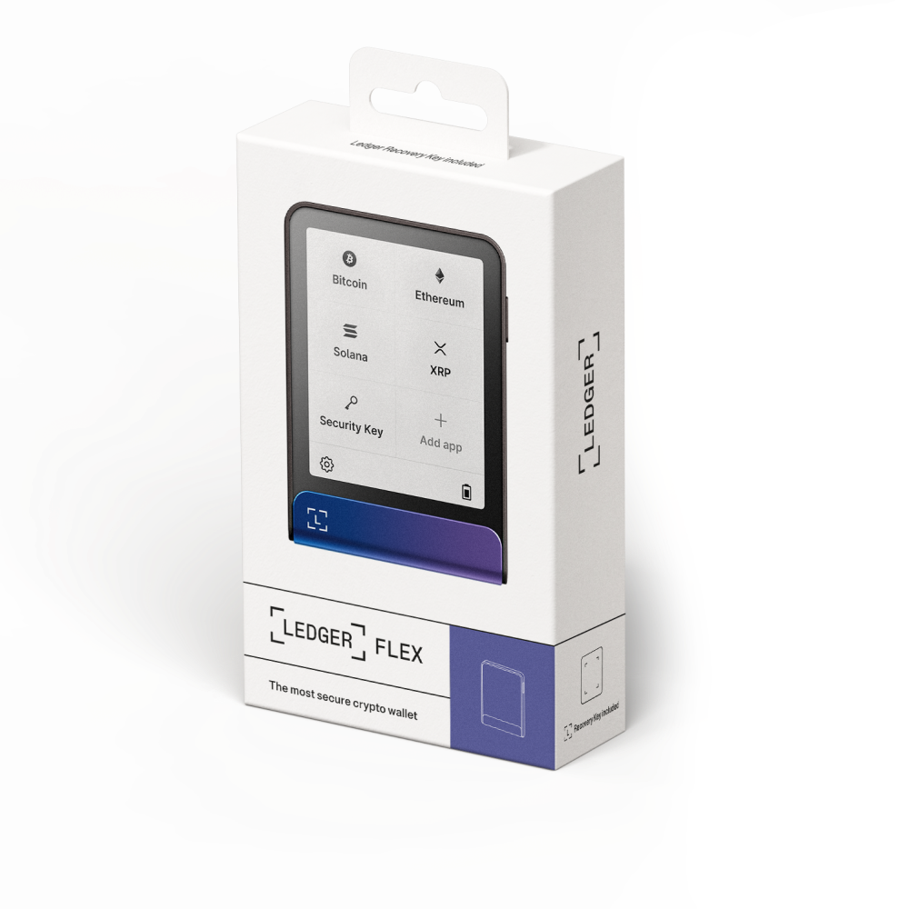 Una caja blanca con una billetera cripto Ledger Flex. La pantalla muestra Bitcoin, Ethereum, Solana y XRP. La caja dice 'La billetera cripto más segura'.