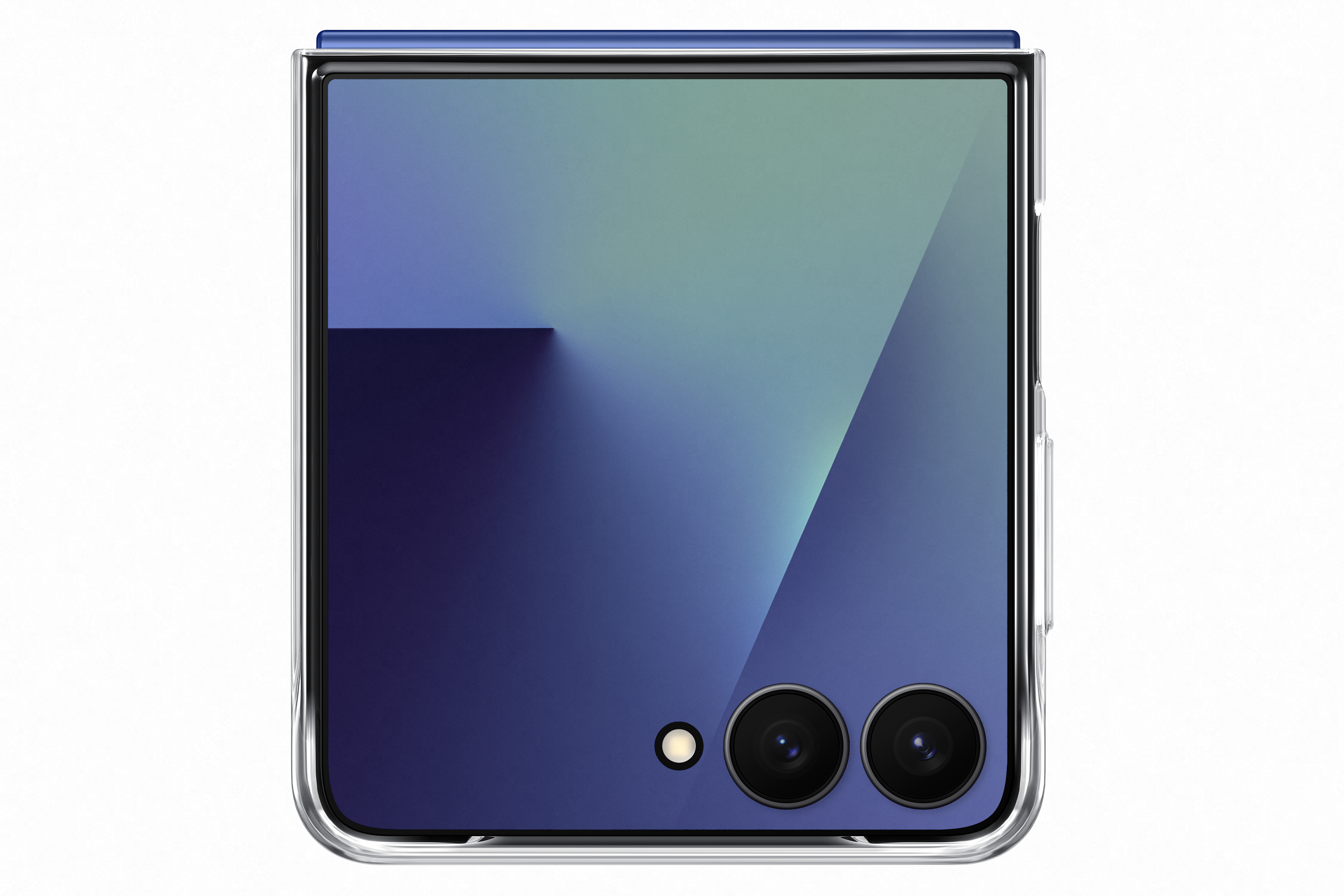 Ein zusammengeklapptes Smartphone mit blauem Farbverlauf. Es hat zwei Kameras und einen Blitz. Das Telefon hat eine klare Hülle.