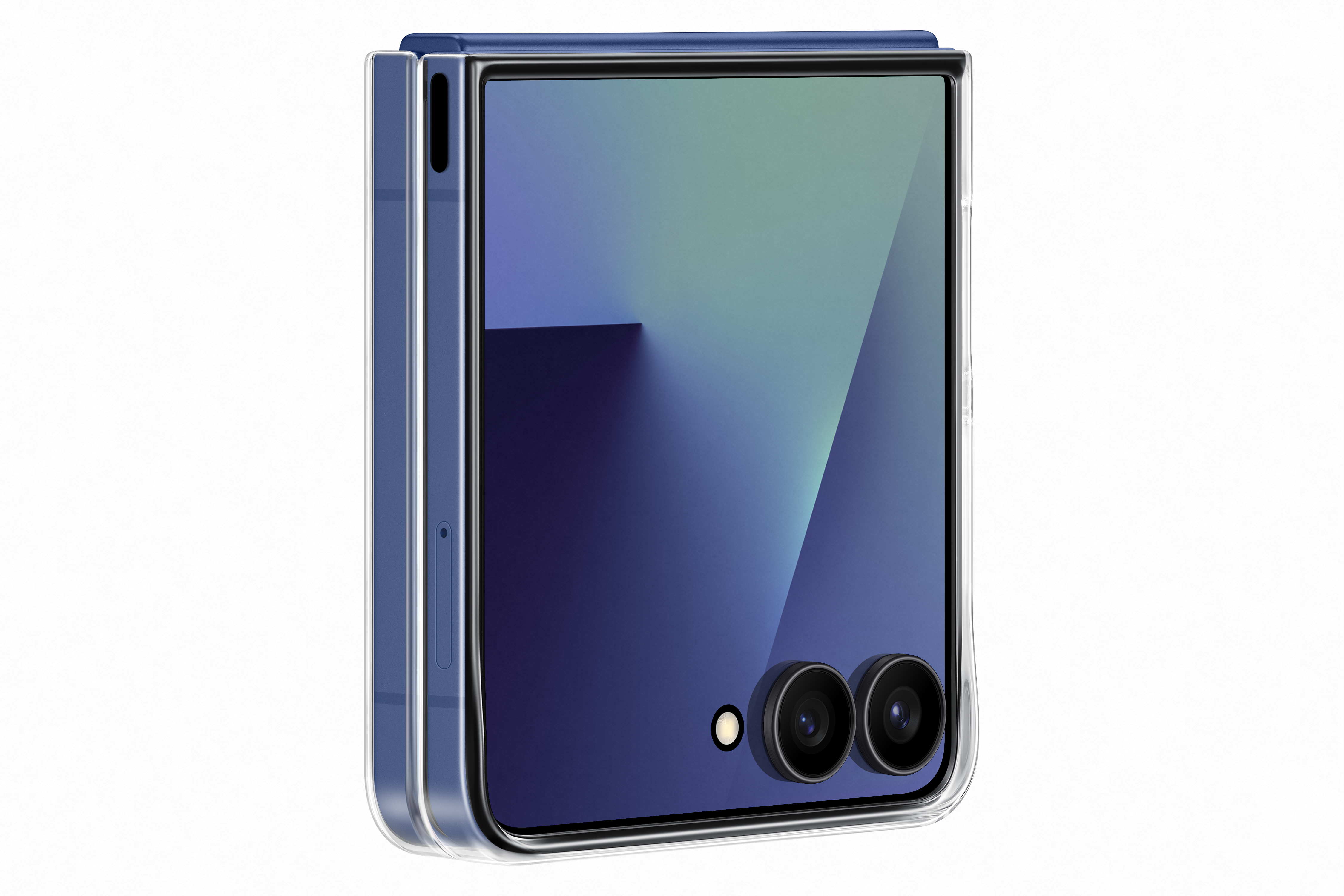 Ein blaues faltbares Telefon mit einer transparenten Schutzhülle. Es hat zwei Kameralinsen und einen Bildschirm.