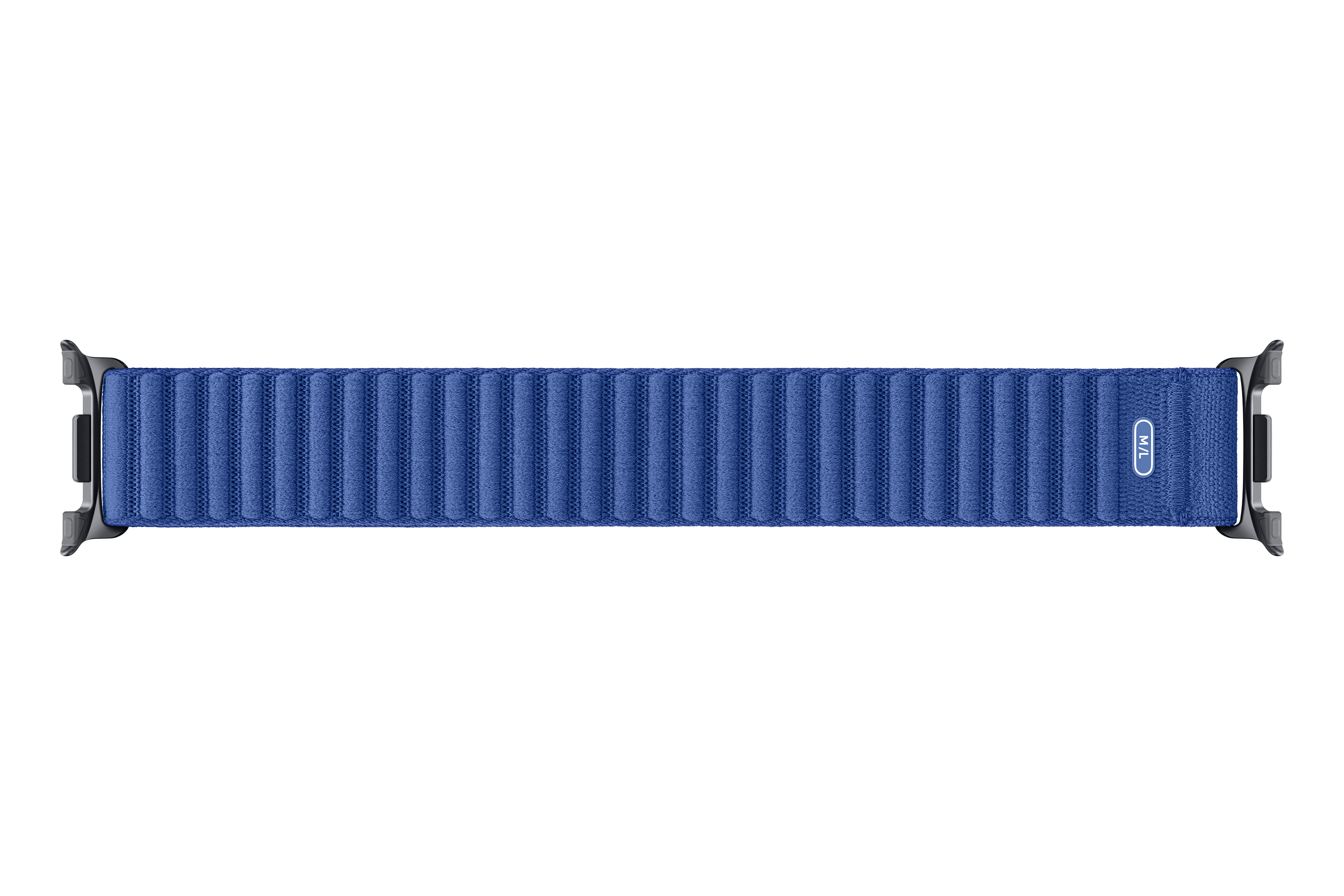 Ein blaues Apple Watch-Armband mit geriffelter Textur. Das Band ist vor einem schwarzen Hintergrund mit Größenangabe.