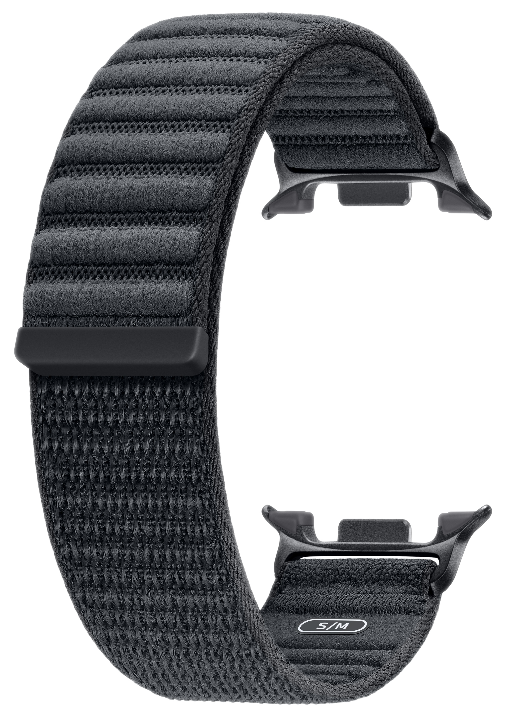 Czarny pasek do Apple Watch. Ma teksturowany pasek z zapięciem. Tło jest czarne.