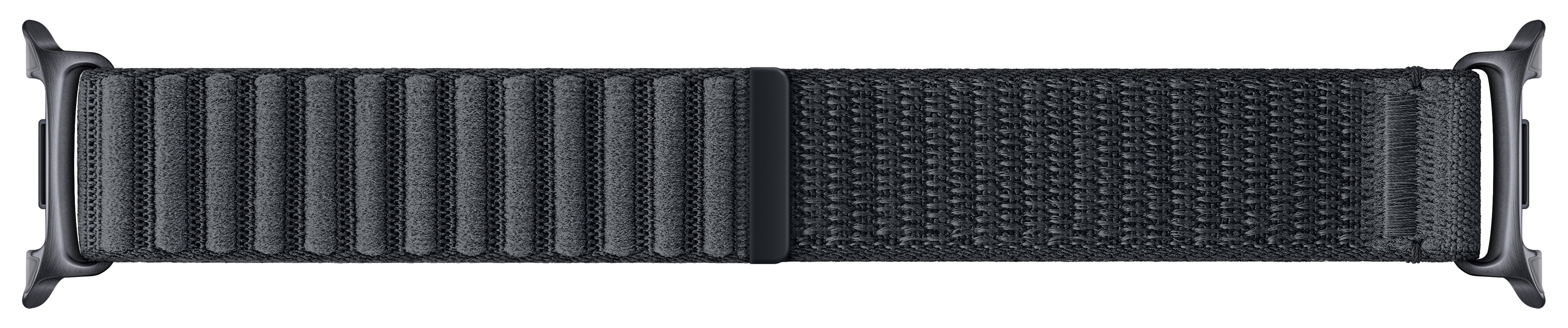 Ciemnoszary pasek do Apple Watch. Ma tkaną fakturę po jednej stronie i żebrowaną po drugiej, z czarnymi łącznikami.