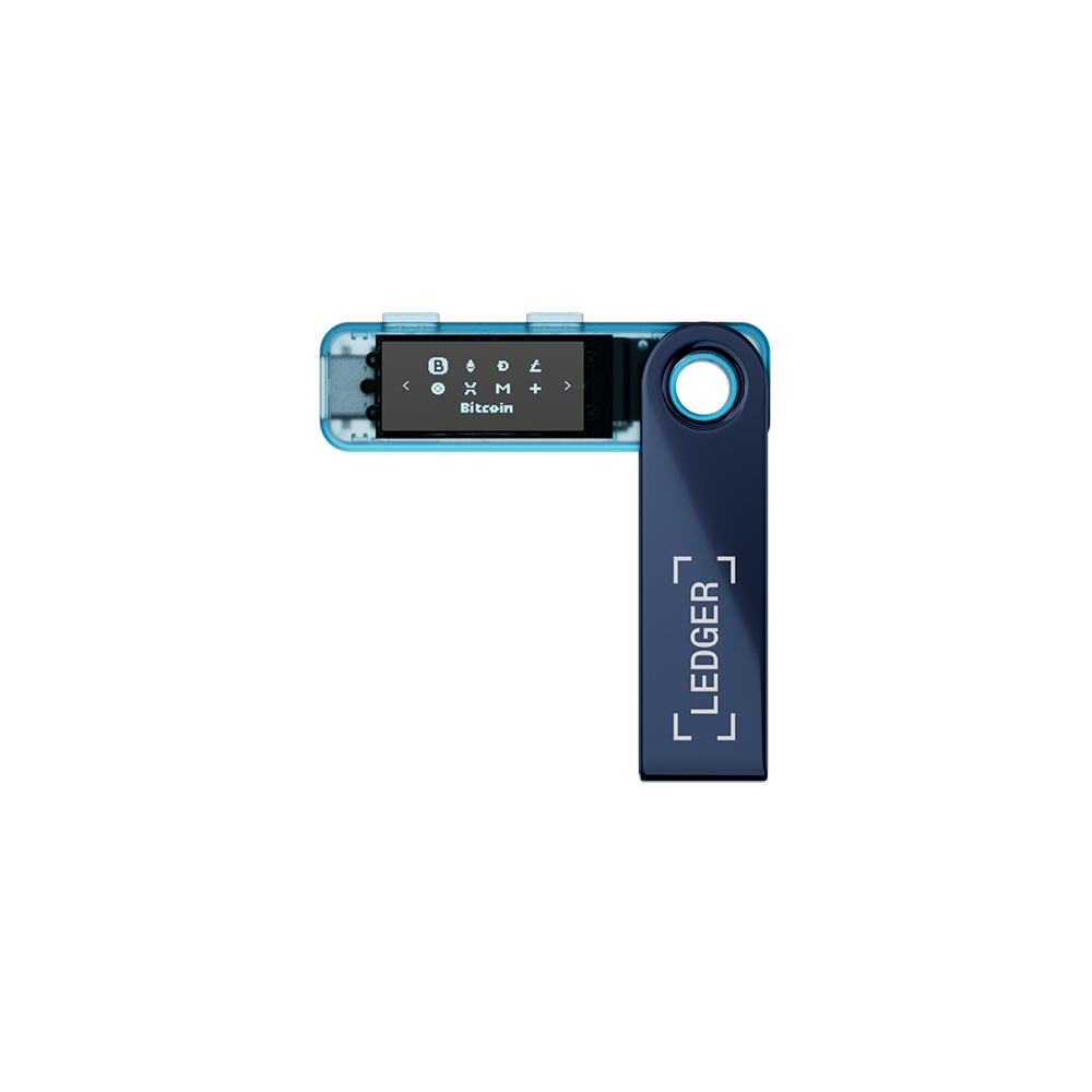 Una billetera de hardware criptográfico Ledger. Es azul con una pantalla que muestra información de Bitcoin. El logotipo de Ledger es visible.