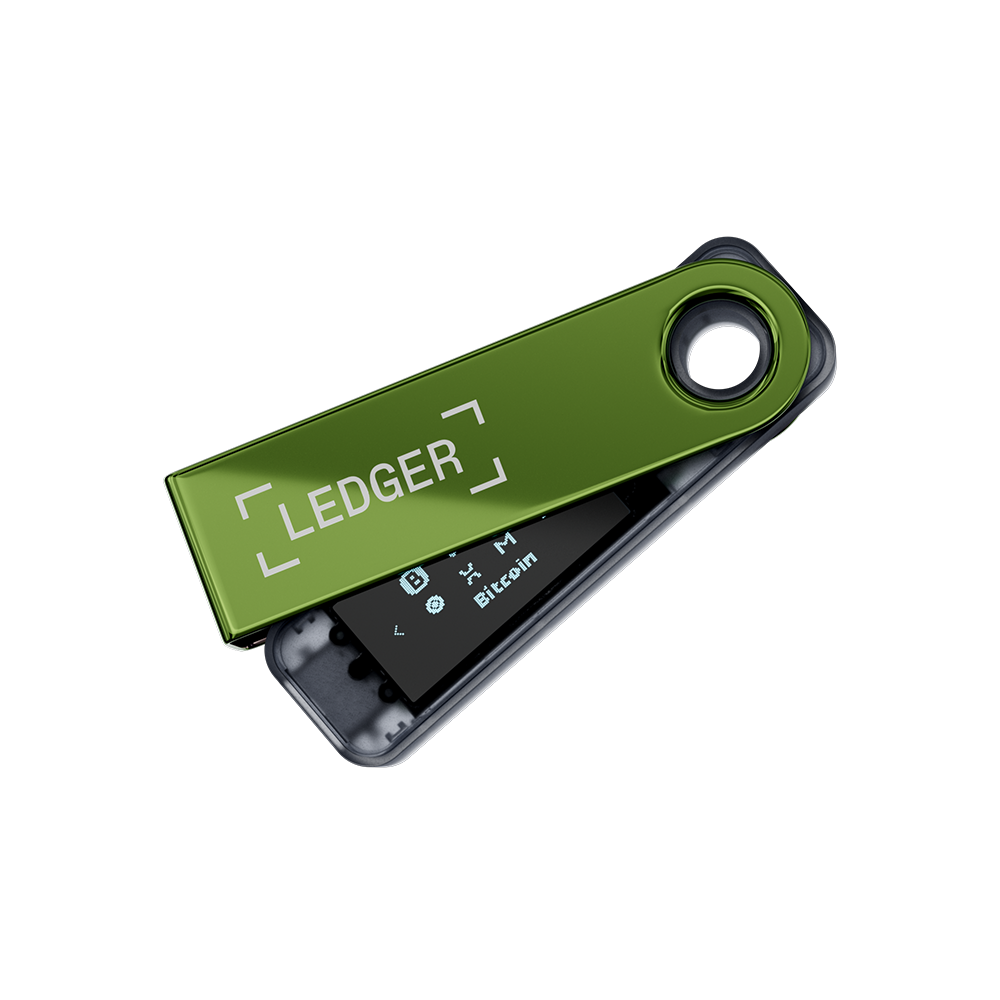 Cartera hardware Ledger verde con pantalla Bitcoin. Dispositivo abierto, mostrando la pantalla.