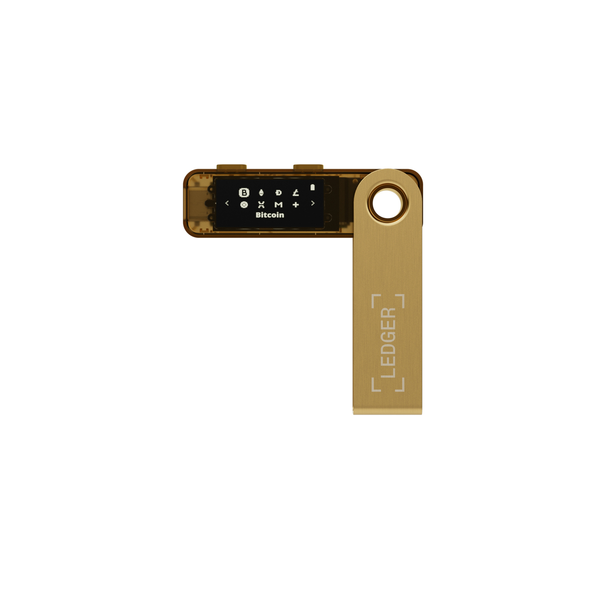 Un monedero de hardware Ledger de color dorado, sobre un fondo blanco. La pantalla muestra información de Bitcoin. El logotipo de Ledger es visible.