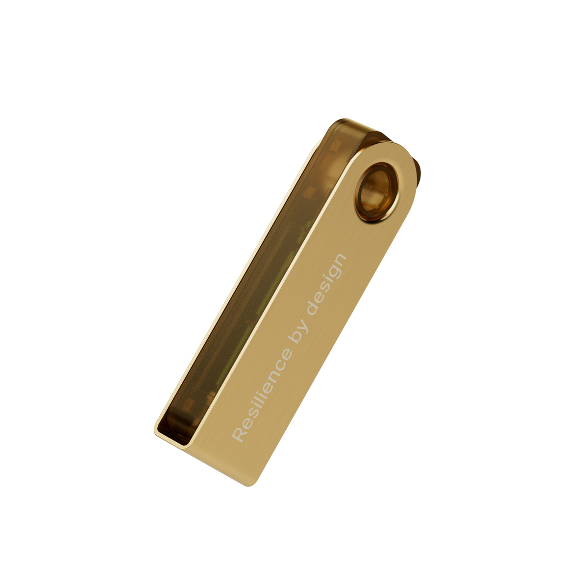 Un dispositivo rectangular dorado con una sección transparente. El texto 'Resilience by design' está en el dispositivo. Fondo blanco.
