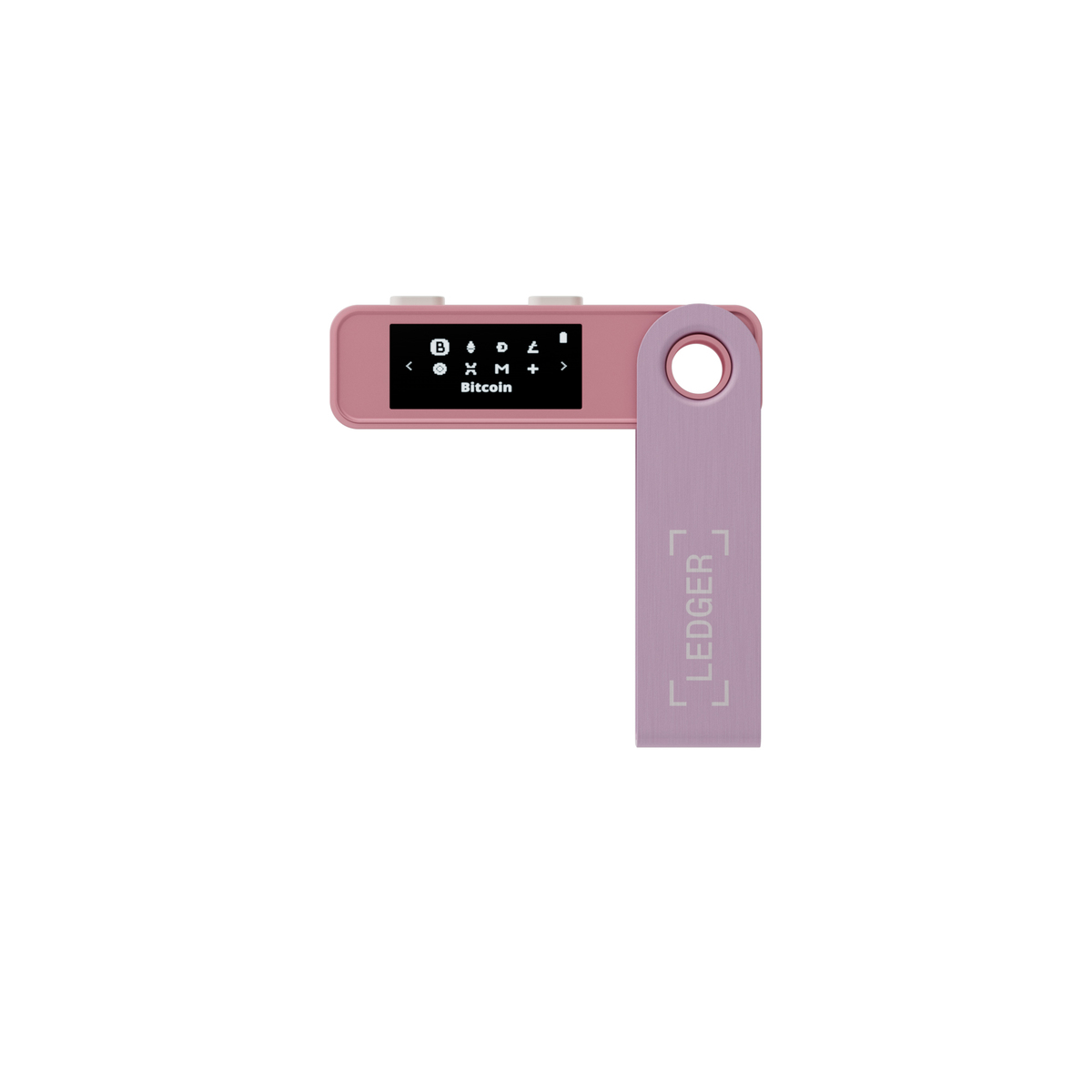 Una billetera Ledger rosa con una pantalla que muestra información de Bitcoin. La billetera está abierta, con una sección morada y el logotipo de Ledger.