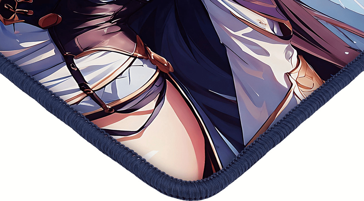 Grafika w stylu anime. Widoczna jest postać kobiety, z ciemnymi włosami i ubraniem. Niebieska obwódka wokół obrazu. Skupienie na górnej części ciała.