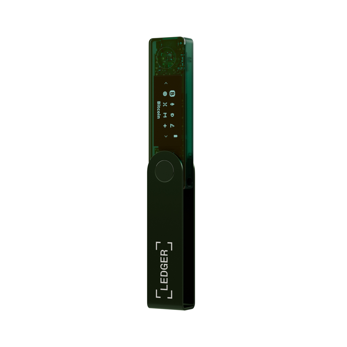 Una cartera de hardware Ledger. Verde oscuro, rectangular con una pequeña pantalla y un botón. La palabra 'Ledger' está impresa.
